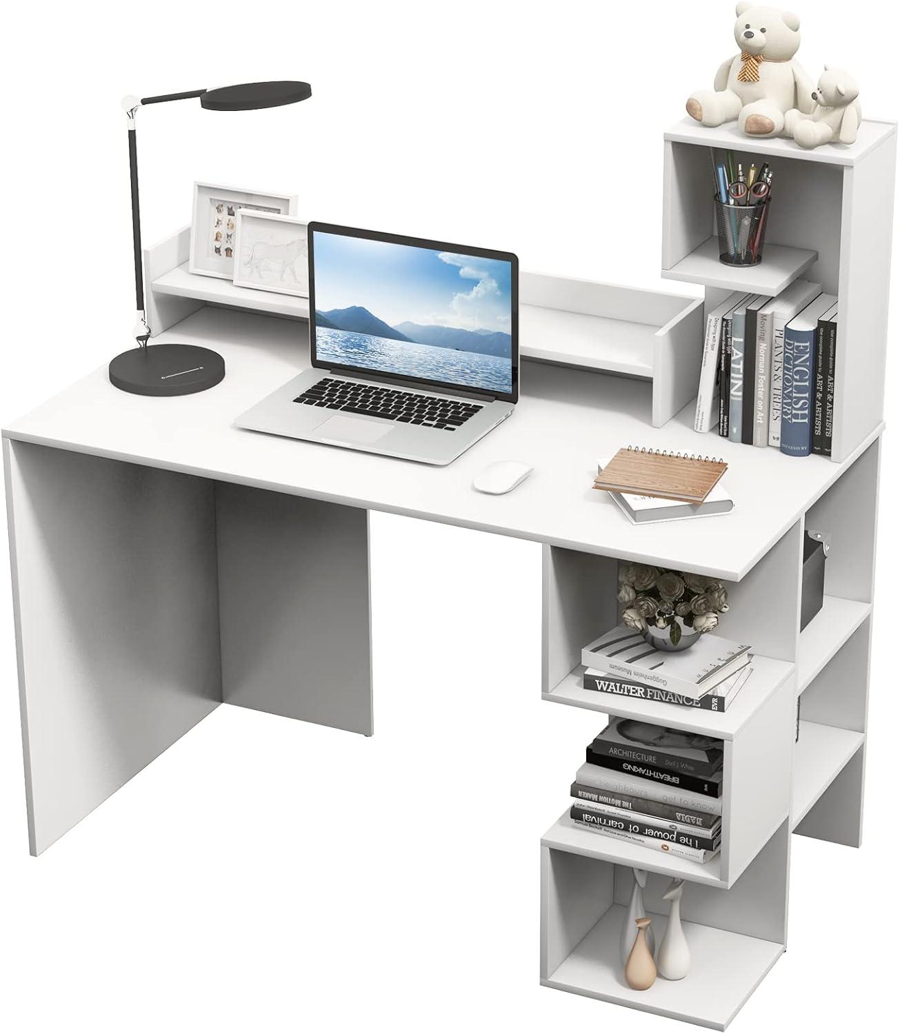 Gymax 48'' Modern Computer Desk Home Office Workstation w/ Hutch & Storage Shelves White