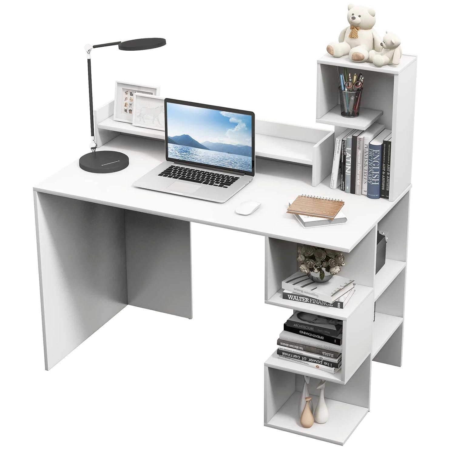 Gymax 48'' Modern Computer Desk Home Office Workstation w/ Hutch & Storage Shelves White