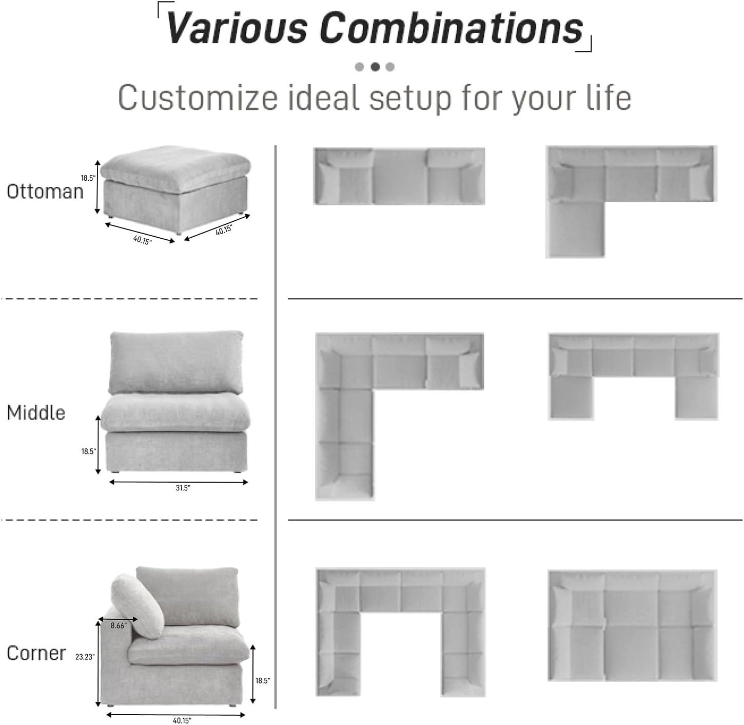 WJShome 8-Piece Cloud Modular Sectional Sofa,Down Filled Couch for Living Room,Minimalist Convertible Couches,Sofa Cover Washable & Removable,Grey