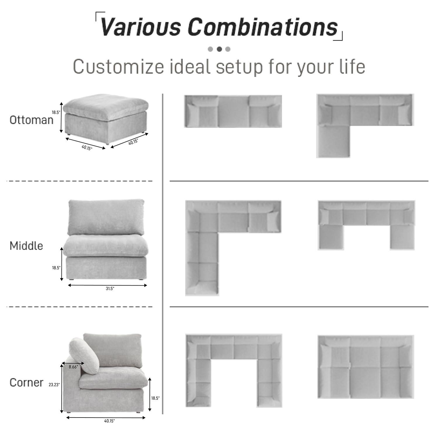 WJShome 8-Piece Cloud Modular Sectional Sofa,Down Filled Couch for Living Room,Minimalist Convertible Couches,Sofa Cover Washable & Removable,Grey
