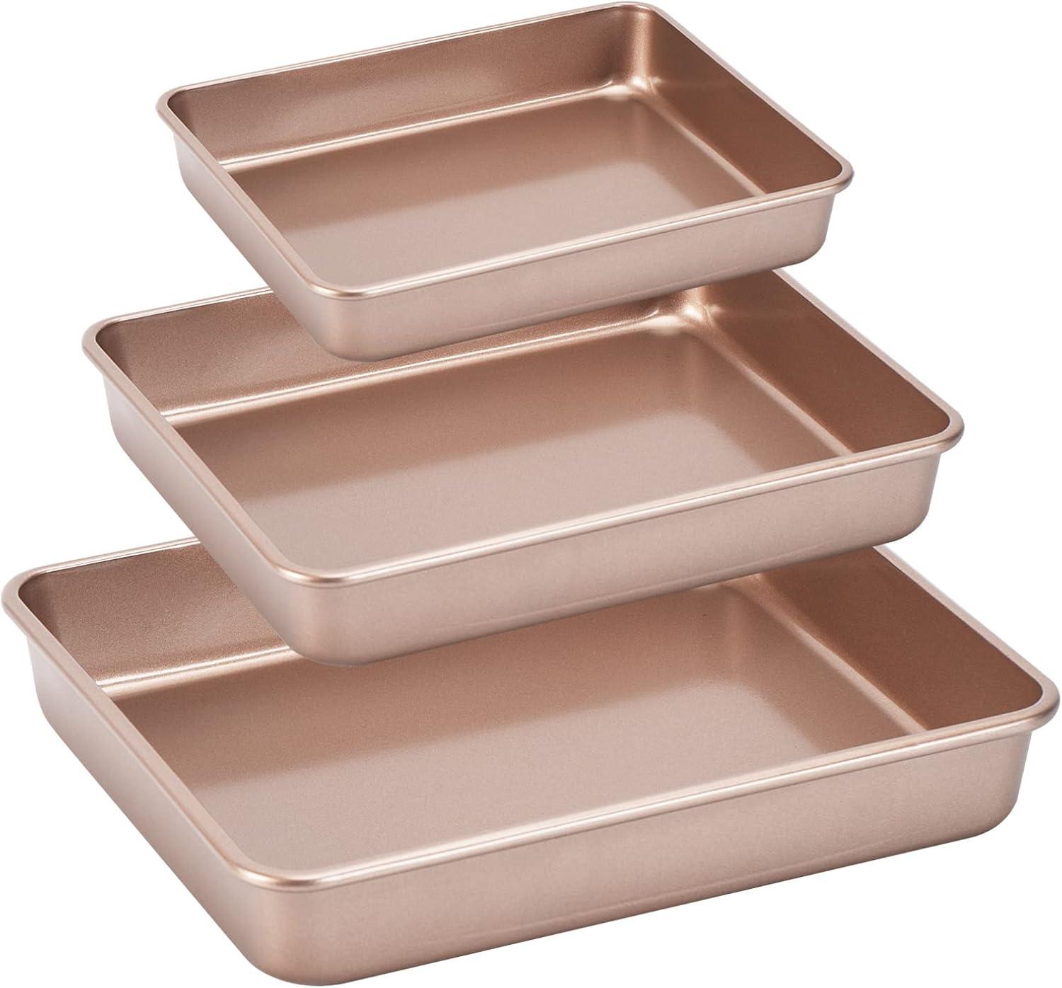 3-Pack Nonstick Bakeware Set, Baking Cookie Sheets, Heavy Duty Rectangular Deep-Dish Cake Pan for Oven (Gold)