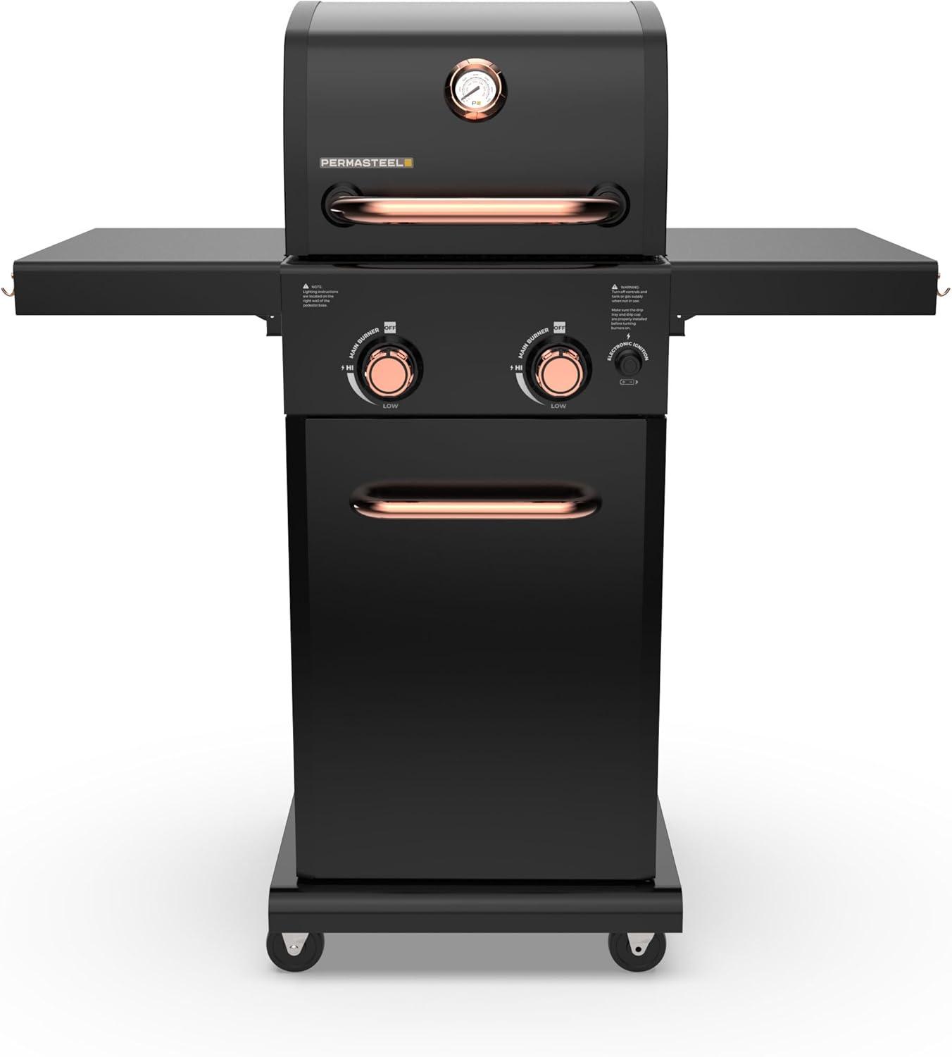 Compact Black and Copper 2-Burner Propane Gas Grill with Foldable Side Tables