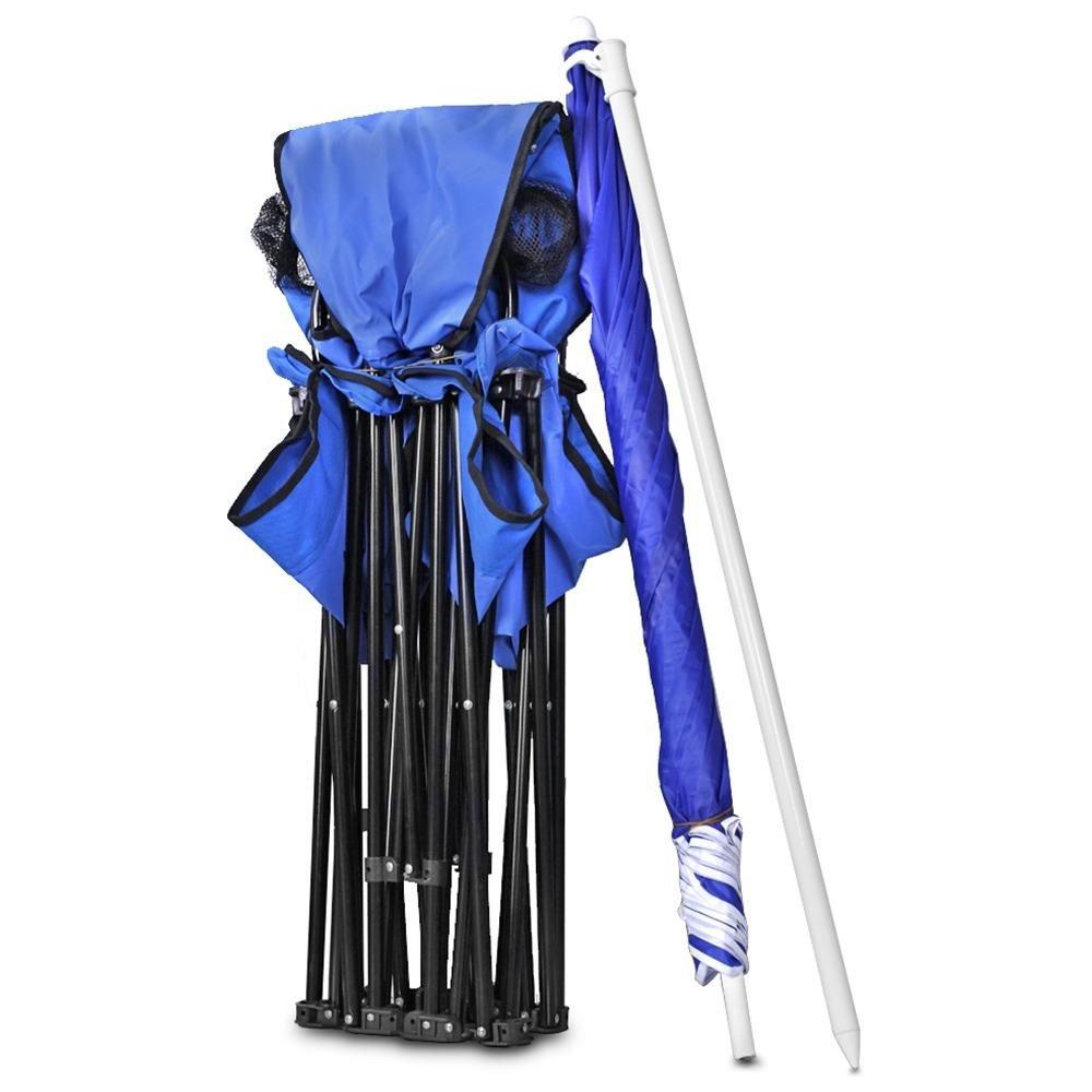 GoTeam Portable Double Folding Chair w/Removable Umbrella, Cooler Bag and Carry Case - Blue