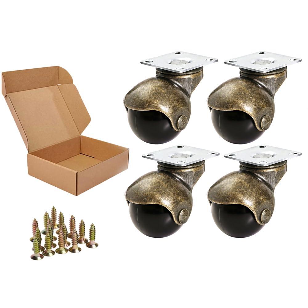 ENYKE Ball Caster Wheels, 1.5-inch Small Casters for Furniture, Swivel Furniture Casters Set of 4 180lbs, Antique Brass Top Plate Casters, Ottoman, Wheelchair, Coffee Table (Screws Included)