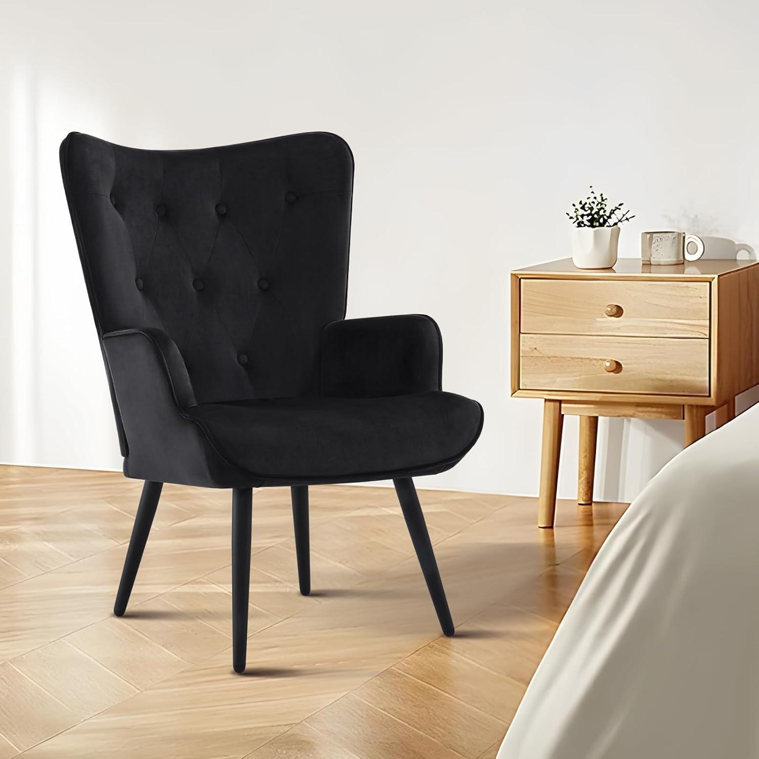 Black Velvet Wingback Accent Chair with Wood Legs