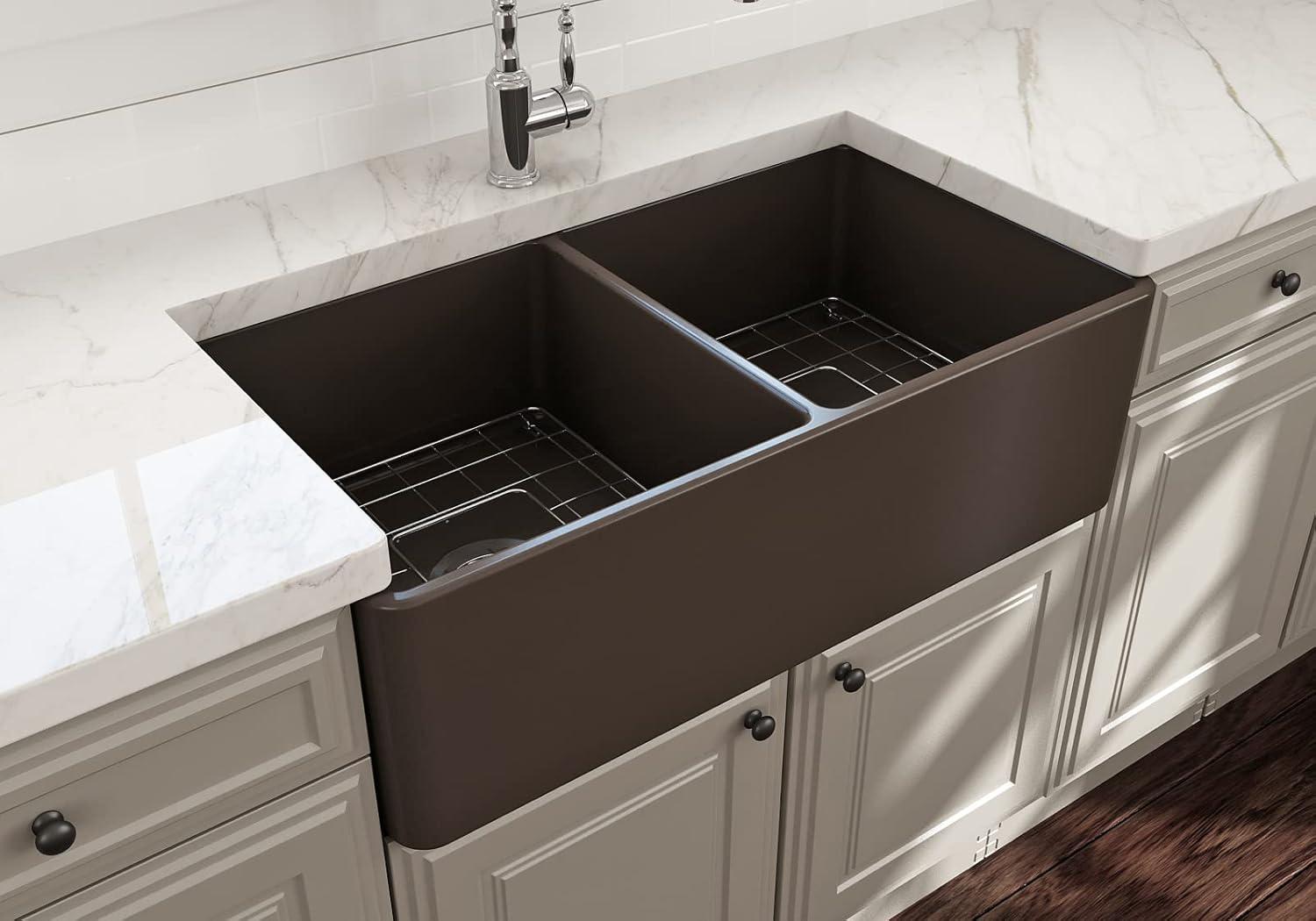 Matte Gray Fireclay Double Bowl Farmhouse Kitchen Sink