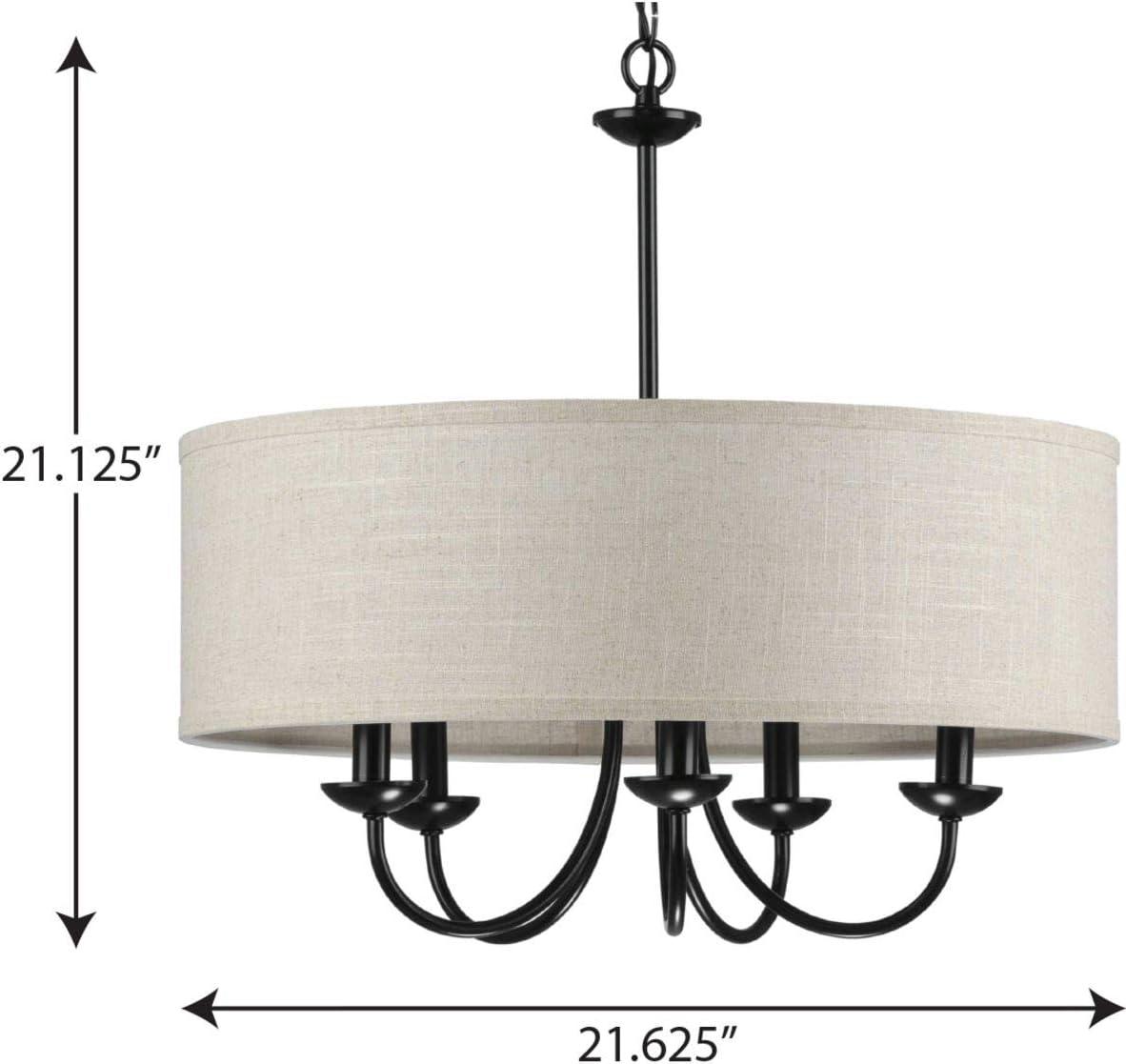 Progress Lighting, Drum Shade Collection, 5-Light Pendant, Black Finish, Harvest Linen Shade