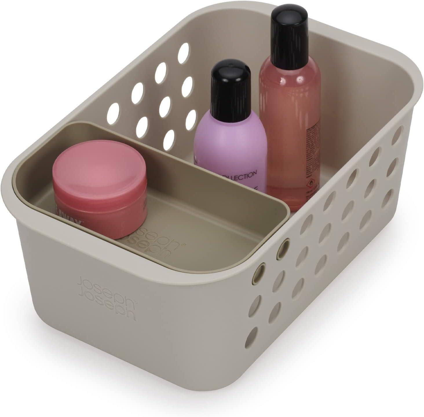 Compact Ecru Plastic Bathroom Storage Basket with Tray