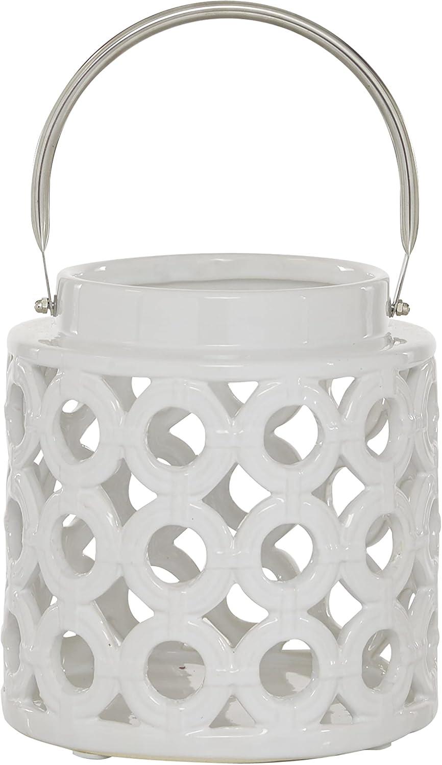 DecMode White Ceramic Circles Decorative Candle Lantern with Cut Out Design