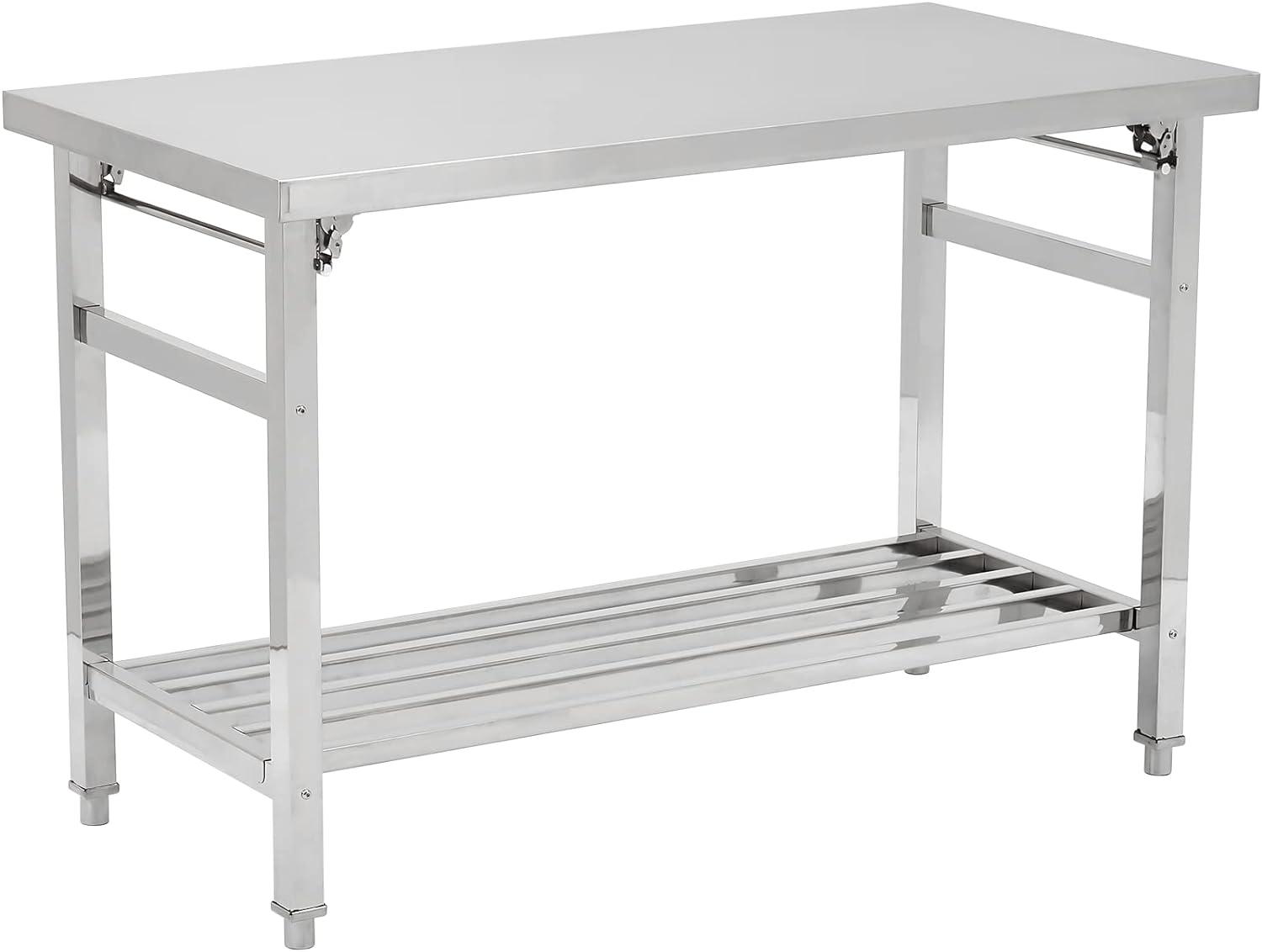 Stainless Steel Folding Worktable with Adjustable Shelf, 24x48 Inches