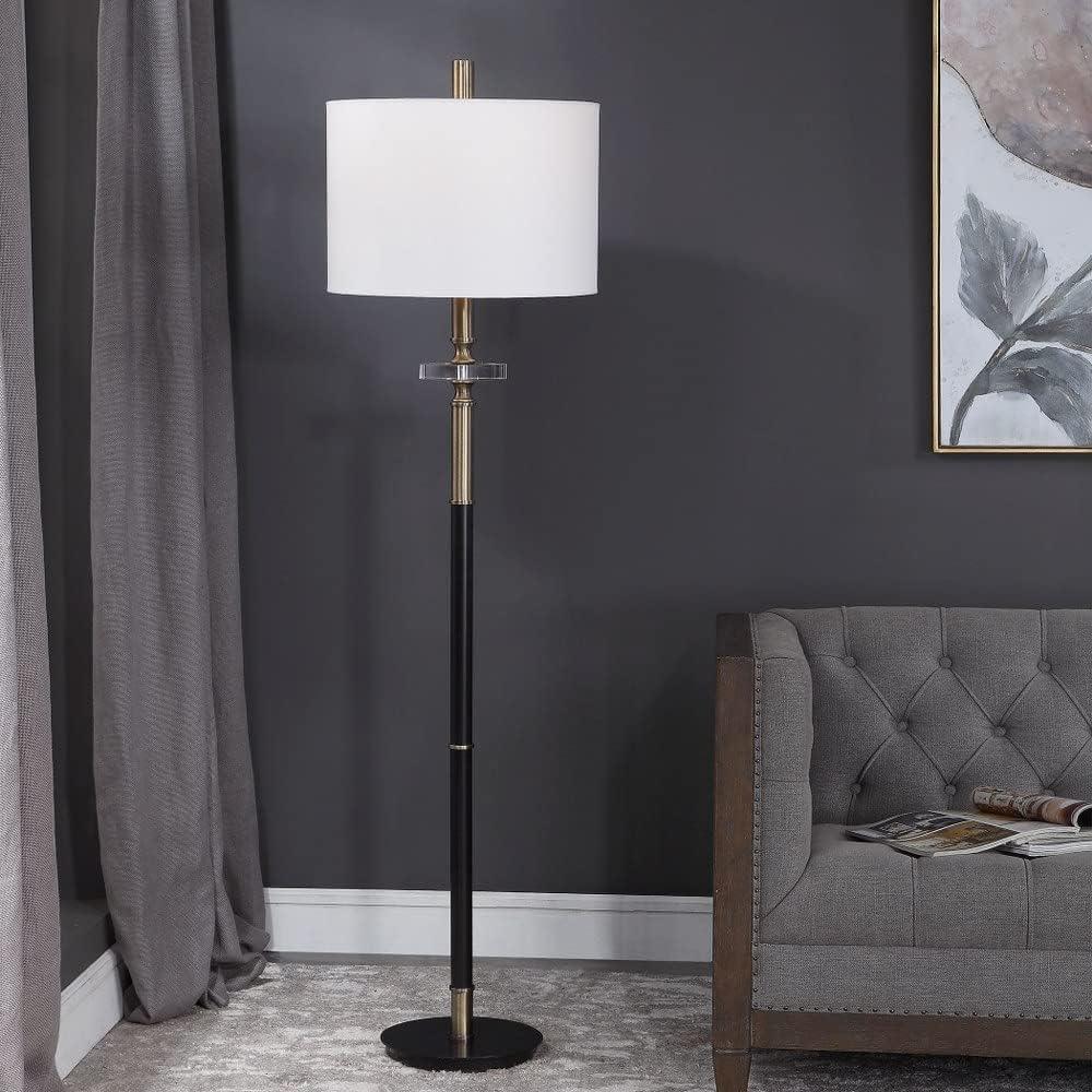 Aged Black and Brass Floor Lamp with Drum Shade