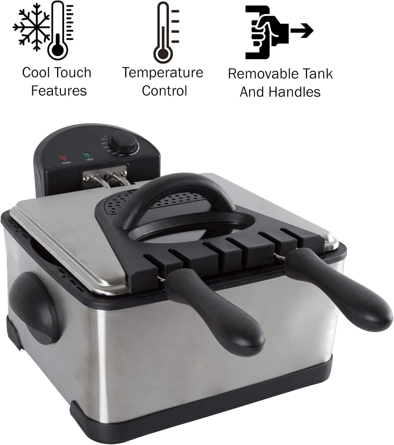 Deep Fryer - 4-Liter Electric Oil Fryer - 1 Large Basket and 2 Small for Dual Use - Stainless-Steel Cooker with Cool Touch Features by Classic Cuisine