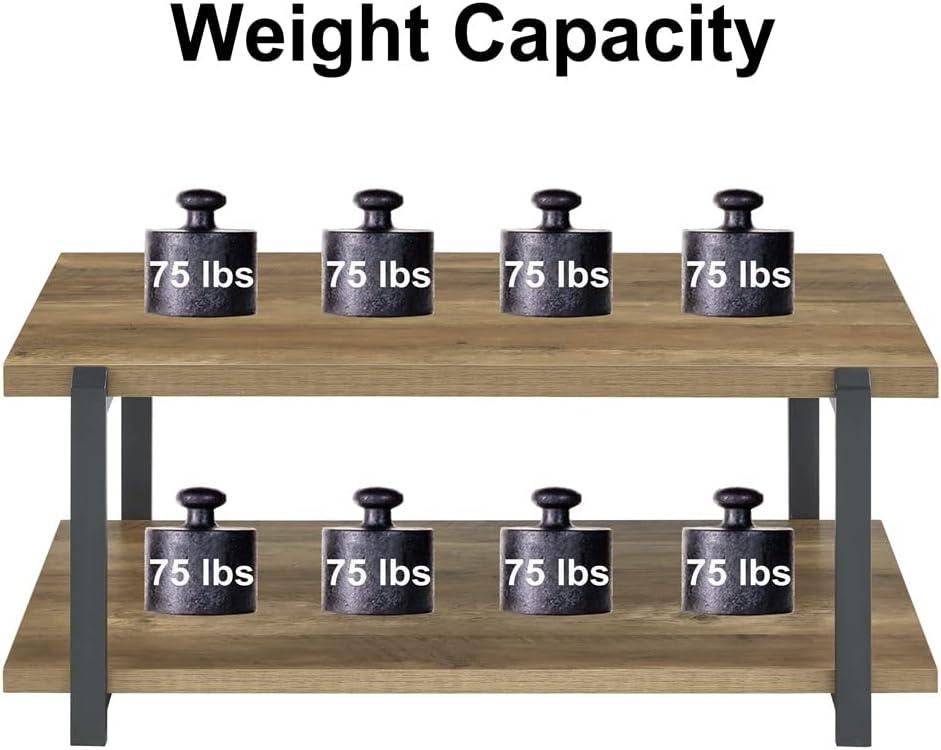 FOLUBAN Industrial Coffee Table with Shelf, Wood and Metal Rustic Cocktail Table for Living Room, Oak