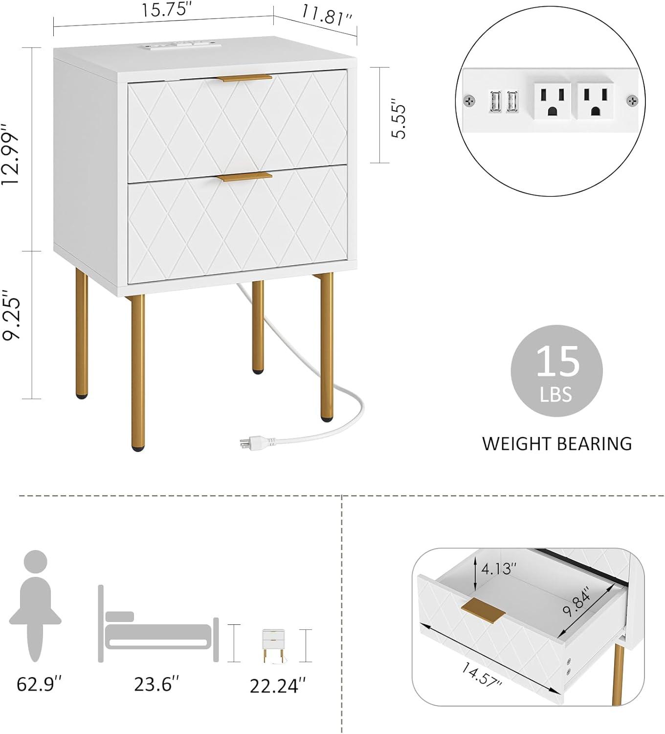 White and Gold Modern Nightstand with Drawer and Shelf