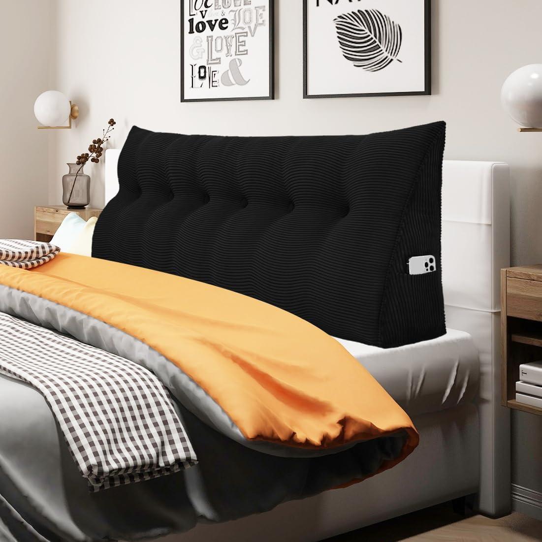 WOWMAX Triangular Reading Pillow Large Bolster Headboard Backrest Positioning Support Wedge Pillow for Day Bed Bunk Bed with Removable Cover, Corduroy Jean Blue California King