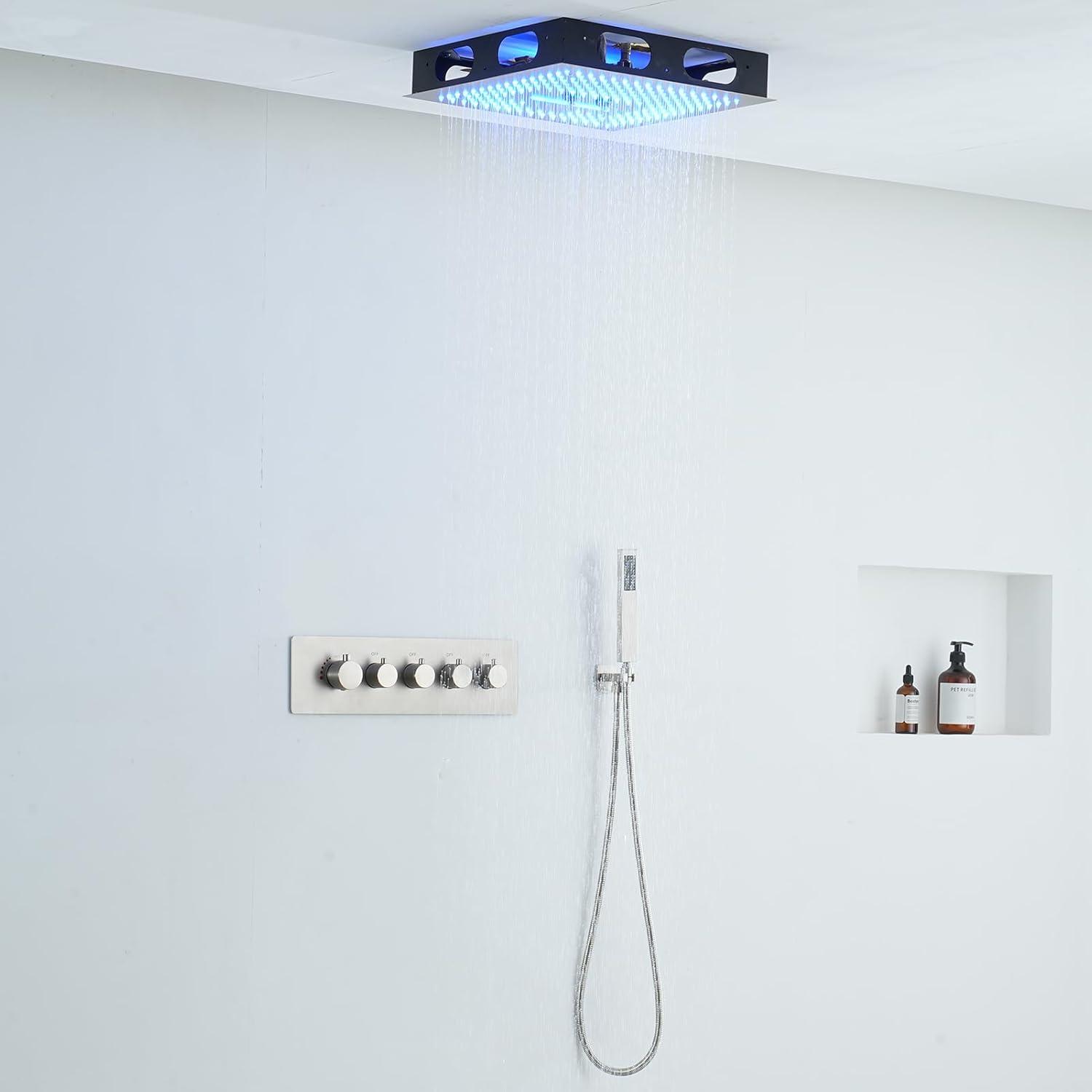 Camino 4-Function Luxury 16 Inch Thermostatic Rain Shower Set with Remote Control 64 Color Lights