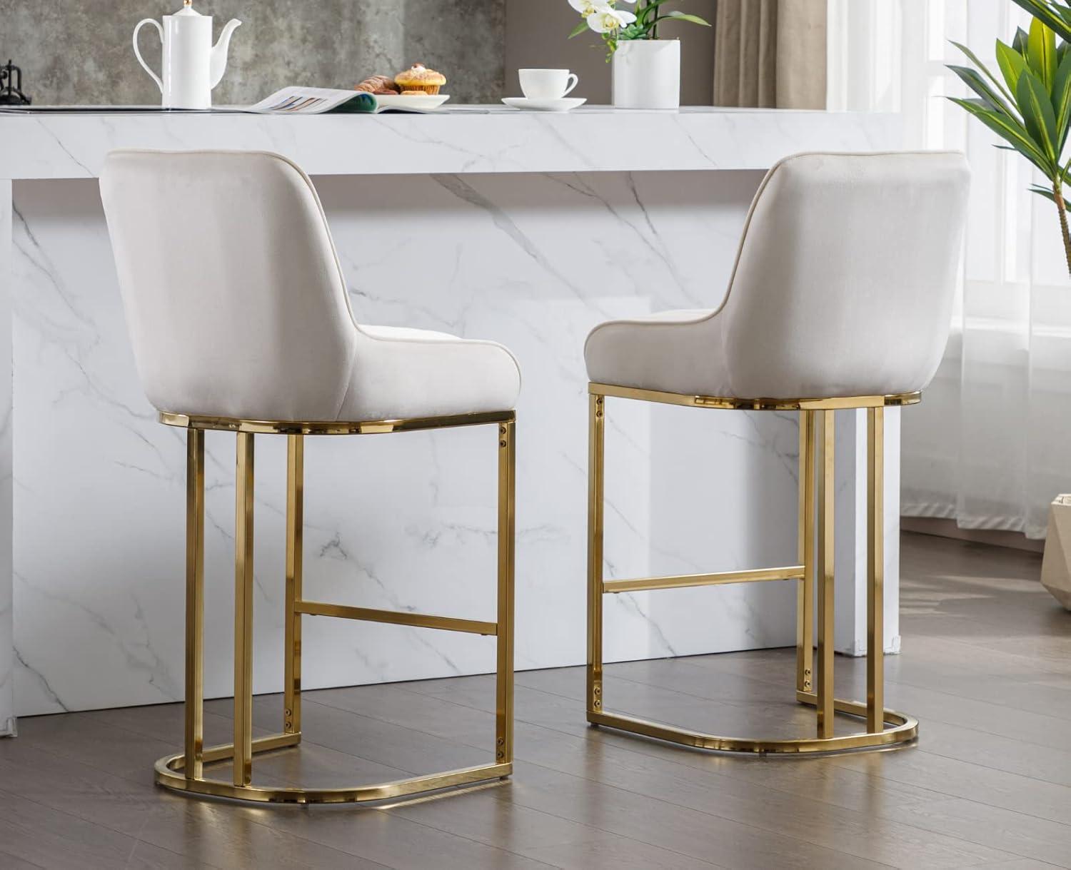 Counter Height Stools Set of 2, Velvet Bar Stools with 27 Inches Upholstered Seat Height, Handmade Woven Back Armrest, Sturdy Golden Metal Legs for Home Dining Pub Kitchen Island, Beige