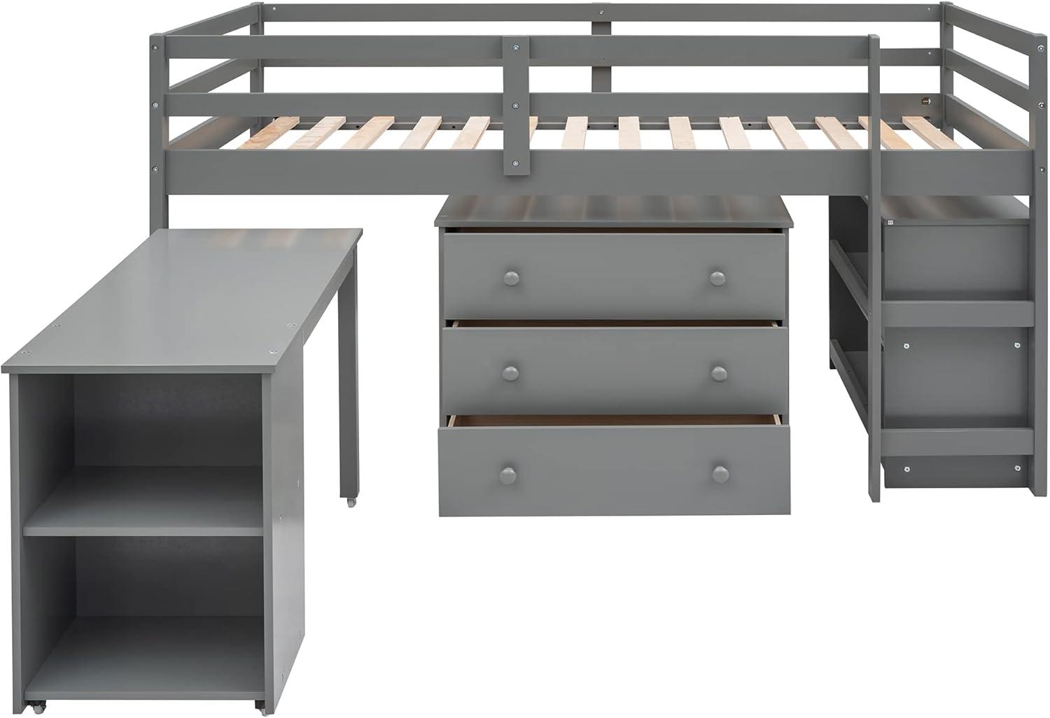 Harper & Bright Designs Twin Loft Bed with Cabinet and Rolling Portable Desk, Wooden Low Study Loft Bed with Drawers, Gray