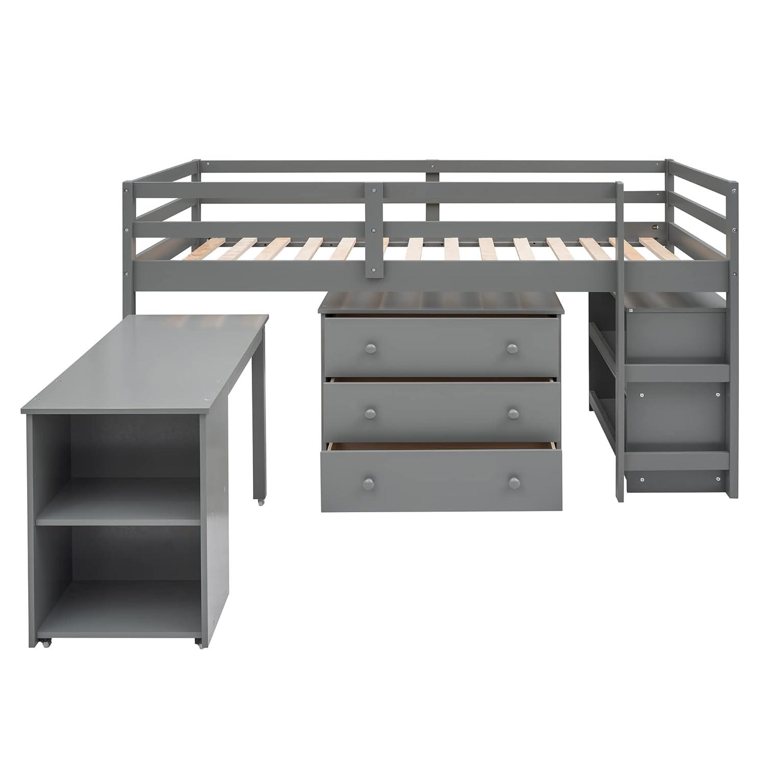 Harper & Bright Designs Twin Loft Bed with Cabinet and Rolling Portable Desk, Wooden Low Study Loft Bed with Drawers, Gray
