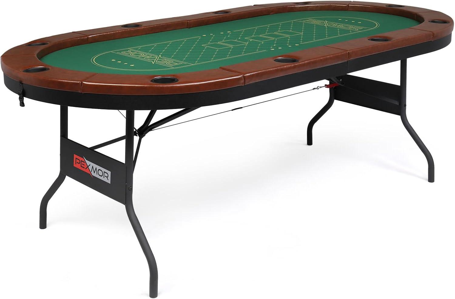 Green Foldable 10-Player Poker Table with Leather Padded Rails