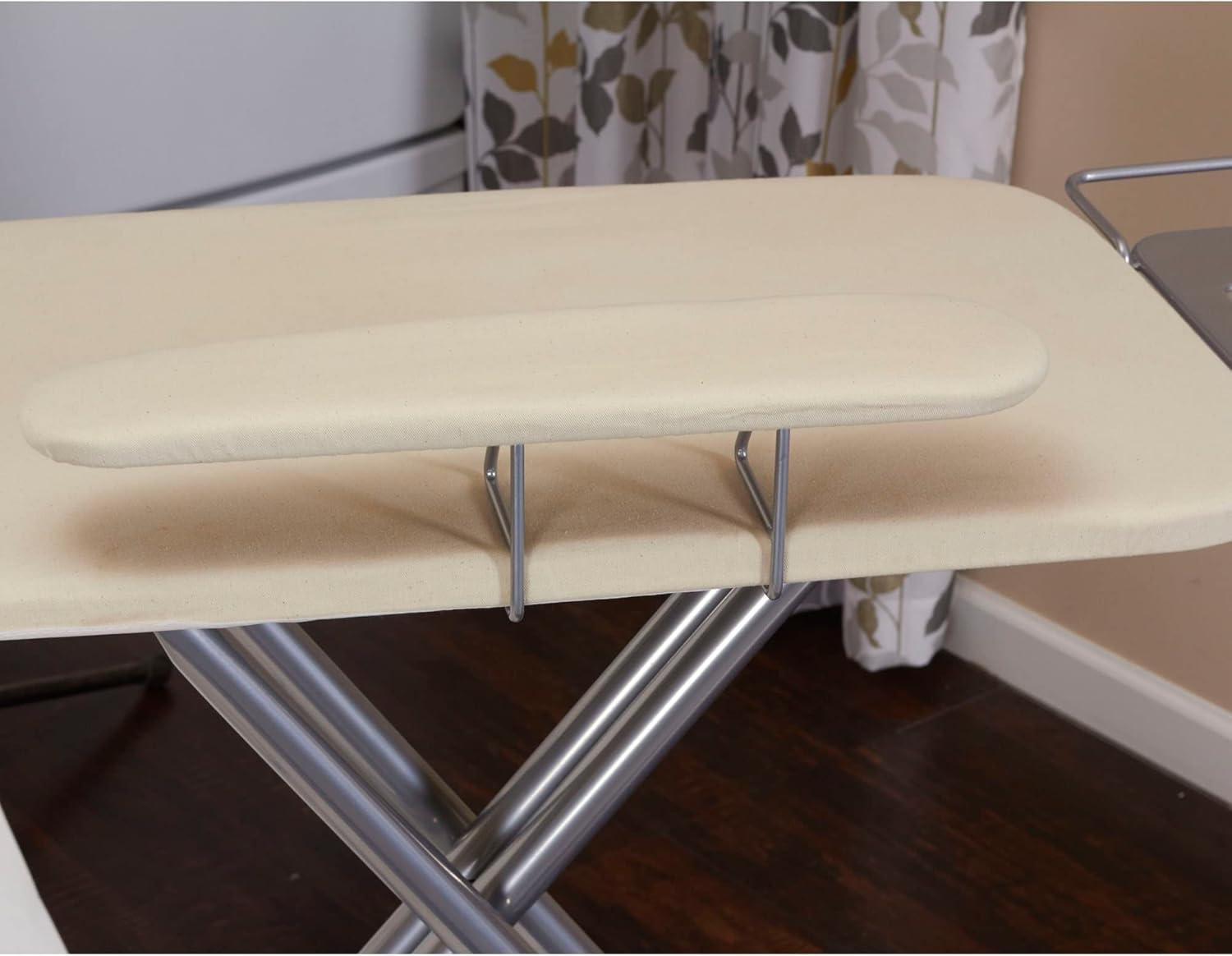 Household Essentials Wide Mega Ironing Board 4-Leg, Steel Top Pressing Station, Heat-Resistant Fiber Pad and Cotton Cover, Includes Sleeve Board and Iron Rest with Hanger Bar, Silver Frame