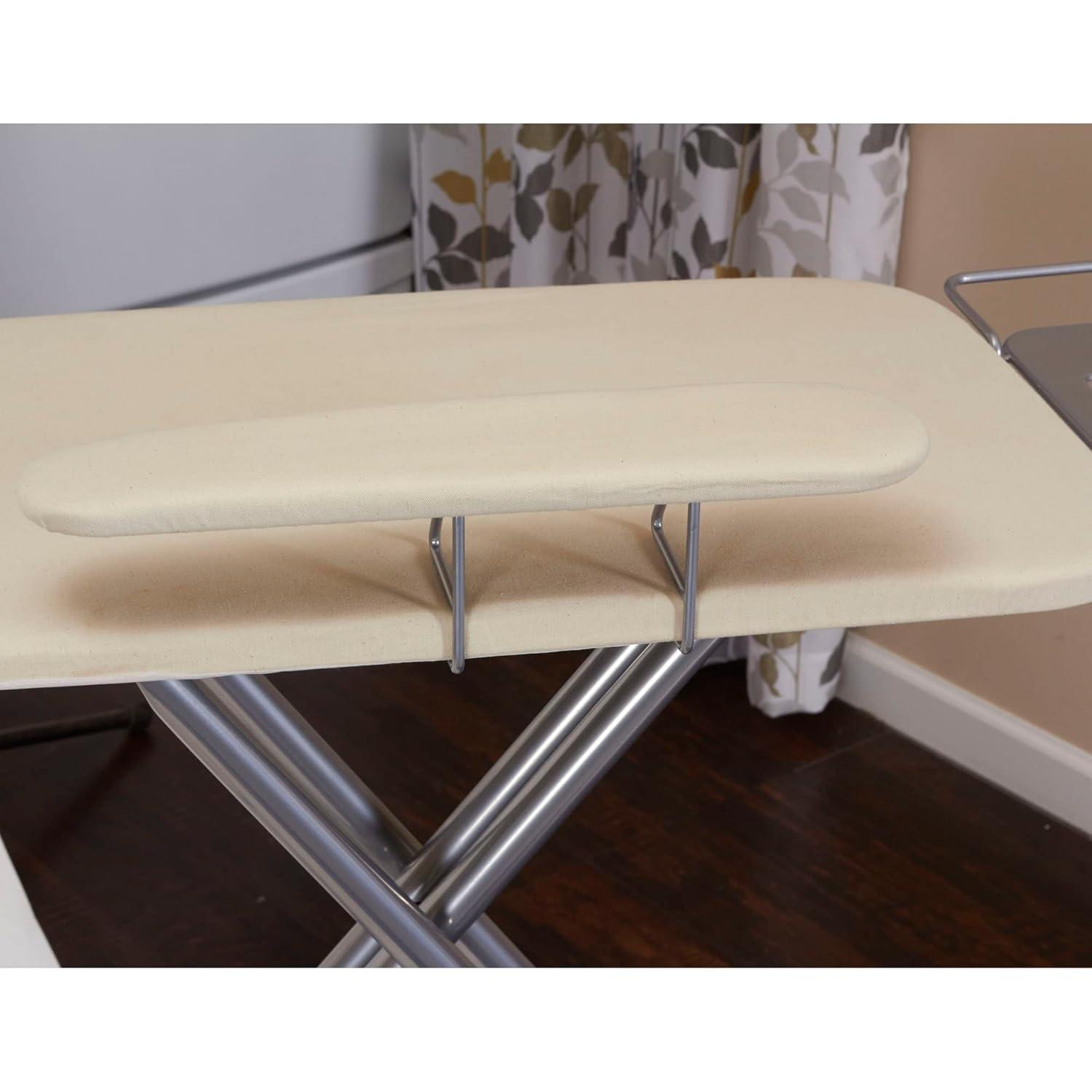 Household Essentials Wide Mega Ironing Board 4-Leg, Steel Top Pressing Station, Heat-Resistant Fiber Pad and Cotton Cover, Includes Sleeve Board and Iron Rest with Hanger Bar, Silver Frame