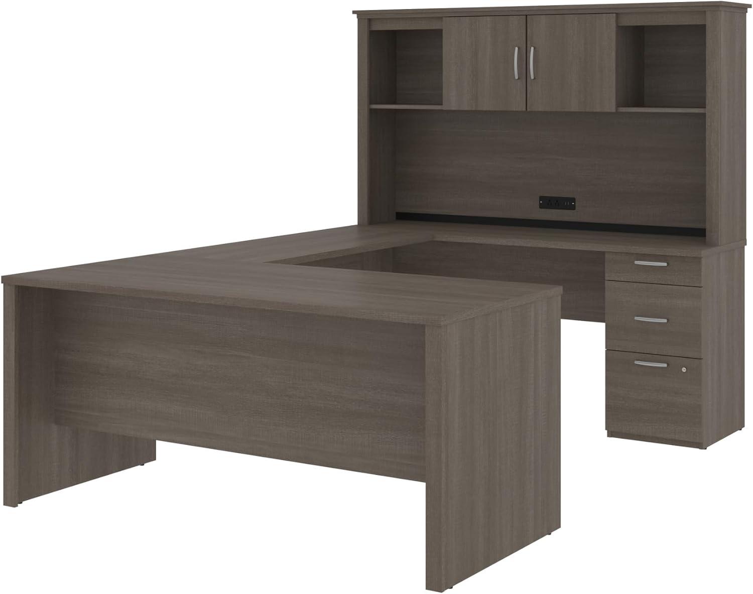 Bestar Logan 66W U or L-Shaped Executive Office Desk with Pedestal and Hutch in bark grey