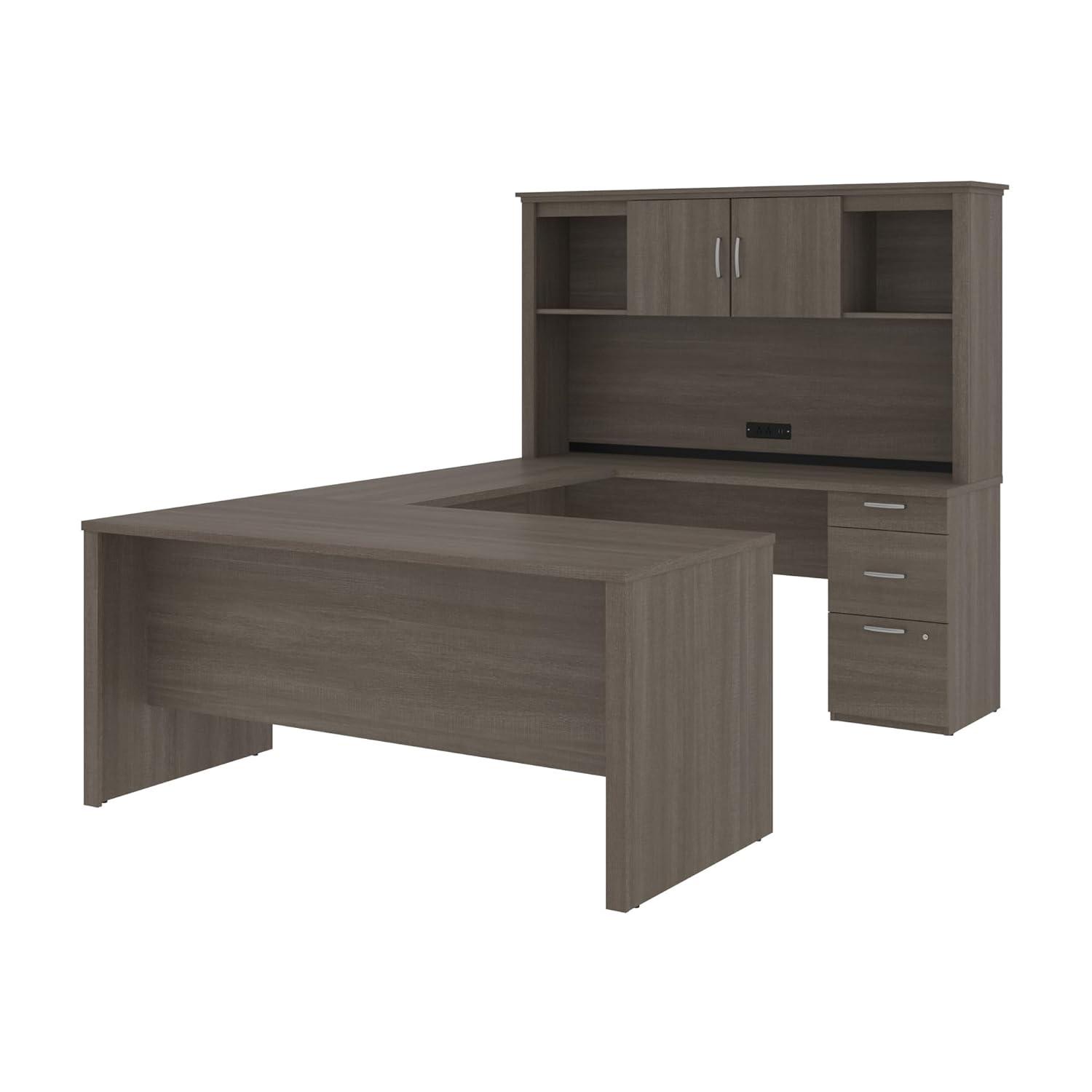 Bestar Logan 66W U or L-Shaped Executive Office Desk with Pedestal and Hutch in bark grey