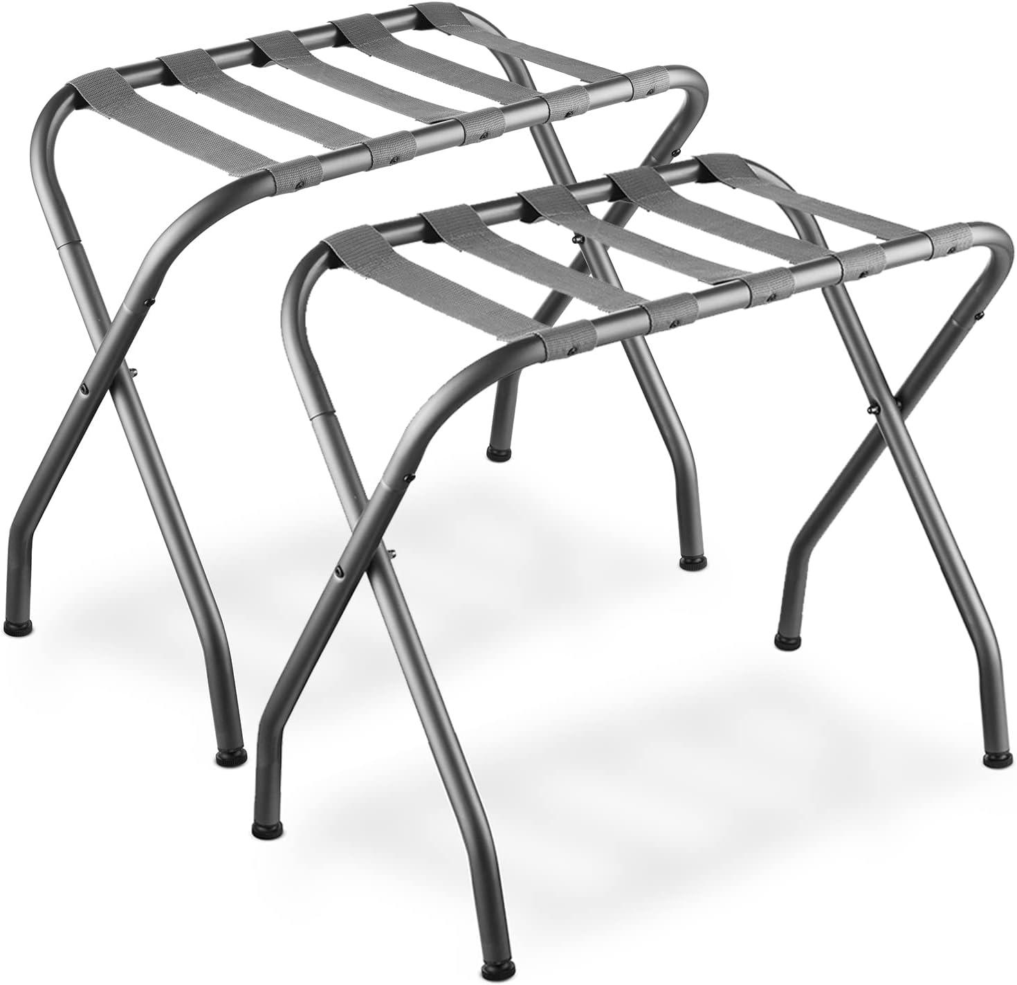 BINO 2-Pack Folding Luggage Rack Collapsible Metal Suitcase Stand With Durable Black Nylon Straps- For Bedroom, Guest Room, Or Hotel (Gray Steel)