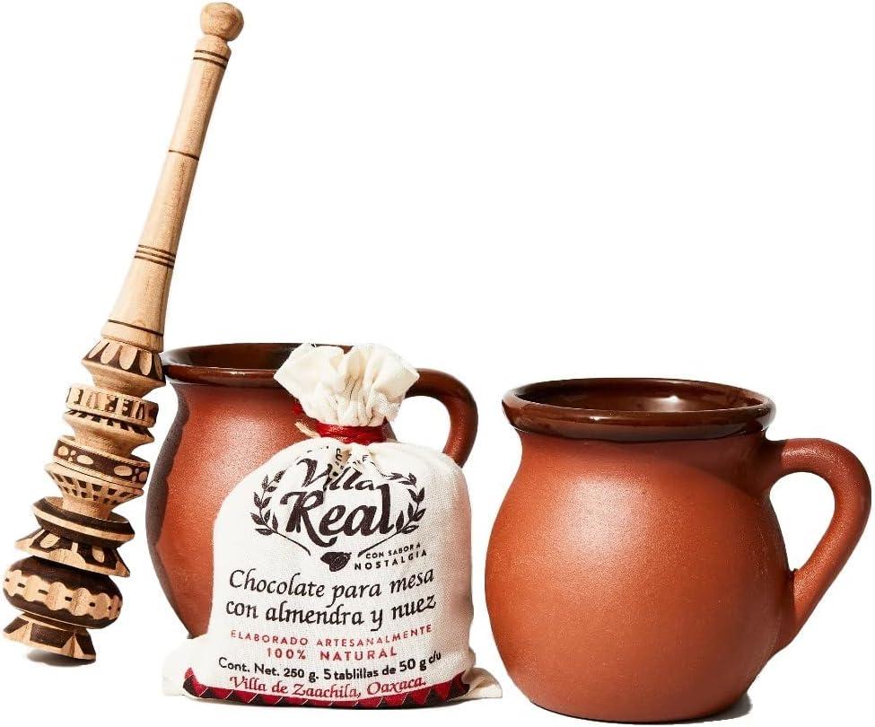 Traditional Mexican Hot Chocolate Gift Set with Clay Mugs and Wooden Frother