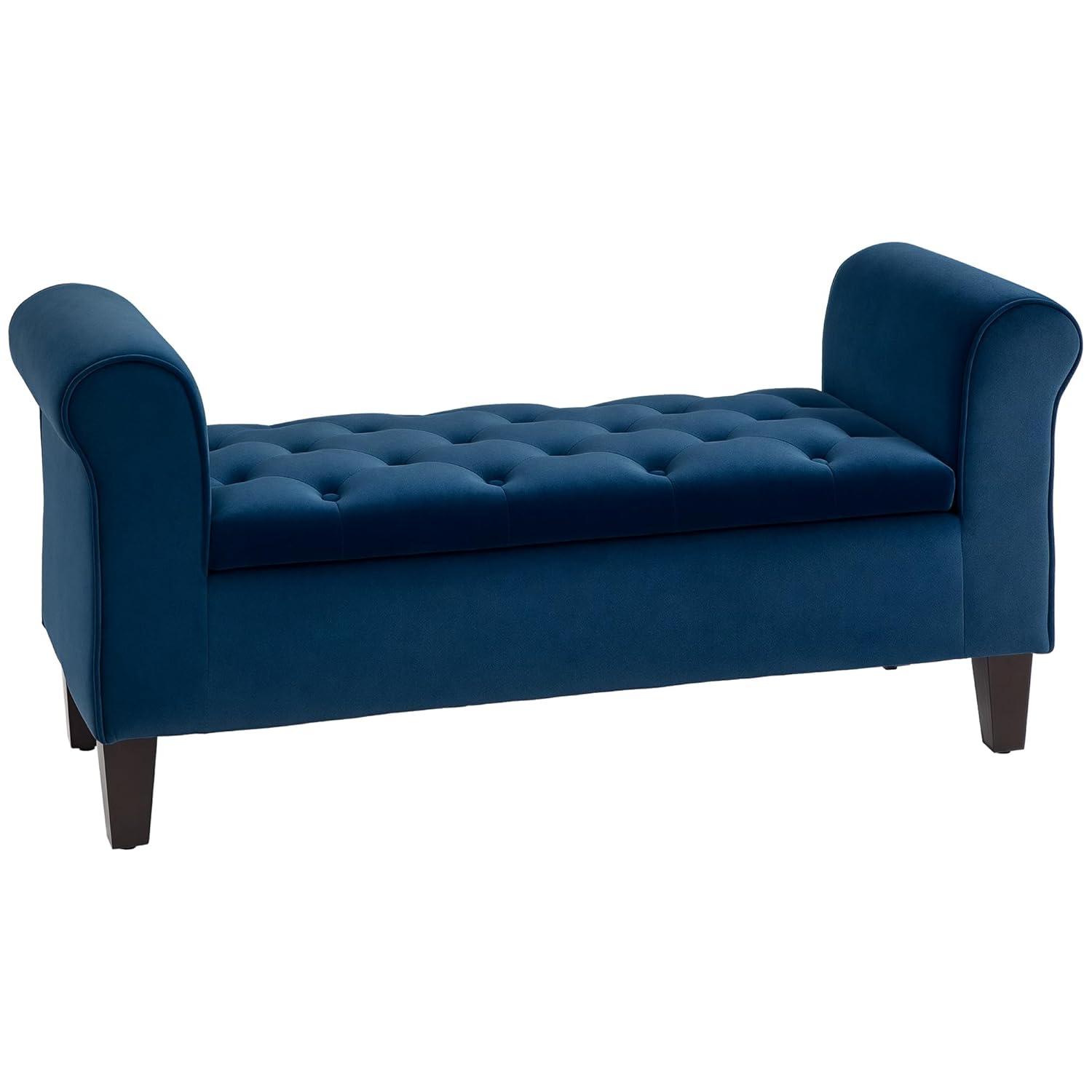 HOMCOM Button-Tufted Storage Ottoman Bench, Upholstered Bench with Rolled Armrests for Living Room or Hallway, Blue