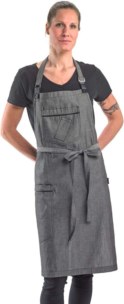 Mercer Culinary Metro Edge Renegade Bib Server Apron, Black Denim with Brown Leather Straps