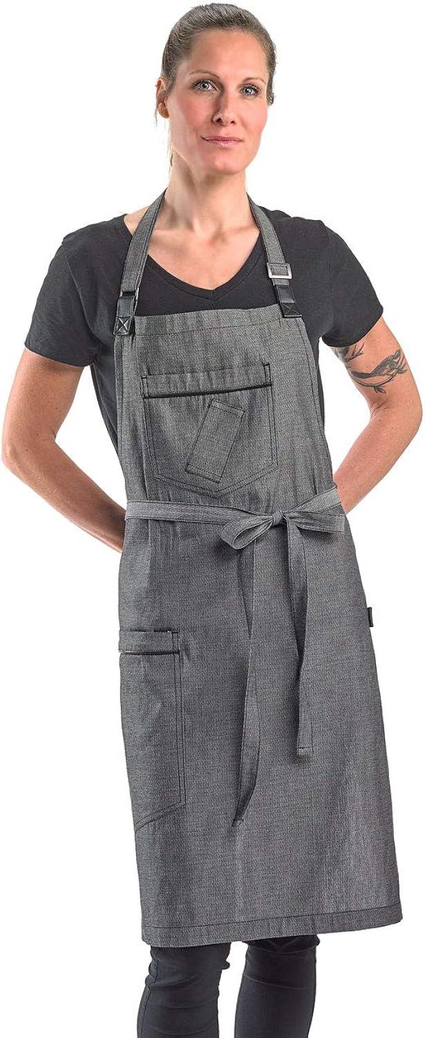 Black Denim Bib Apron with Brown Leather Straps