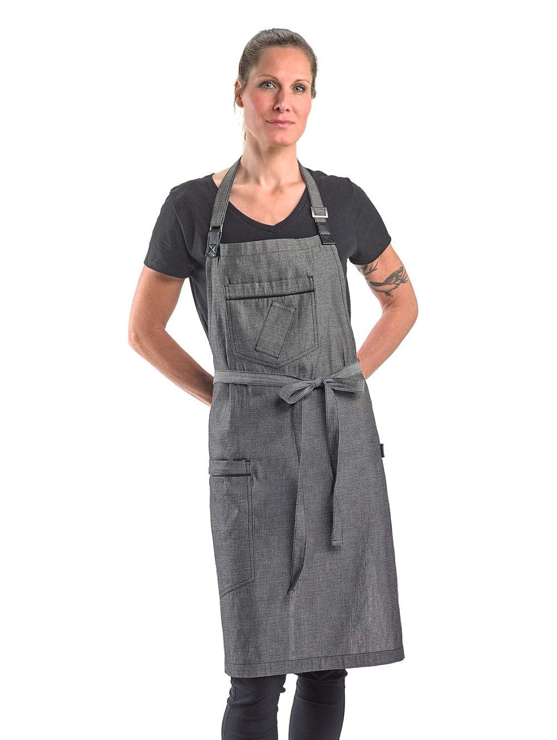 Mercer Culinary Metro Edge Renegade Bib Server Apron, Black Denim with Brown Leather Straps