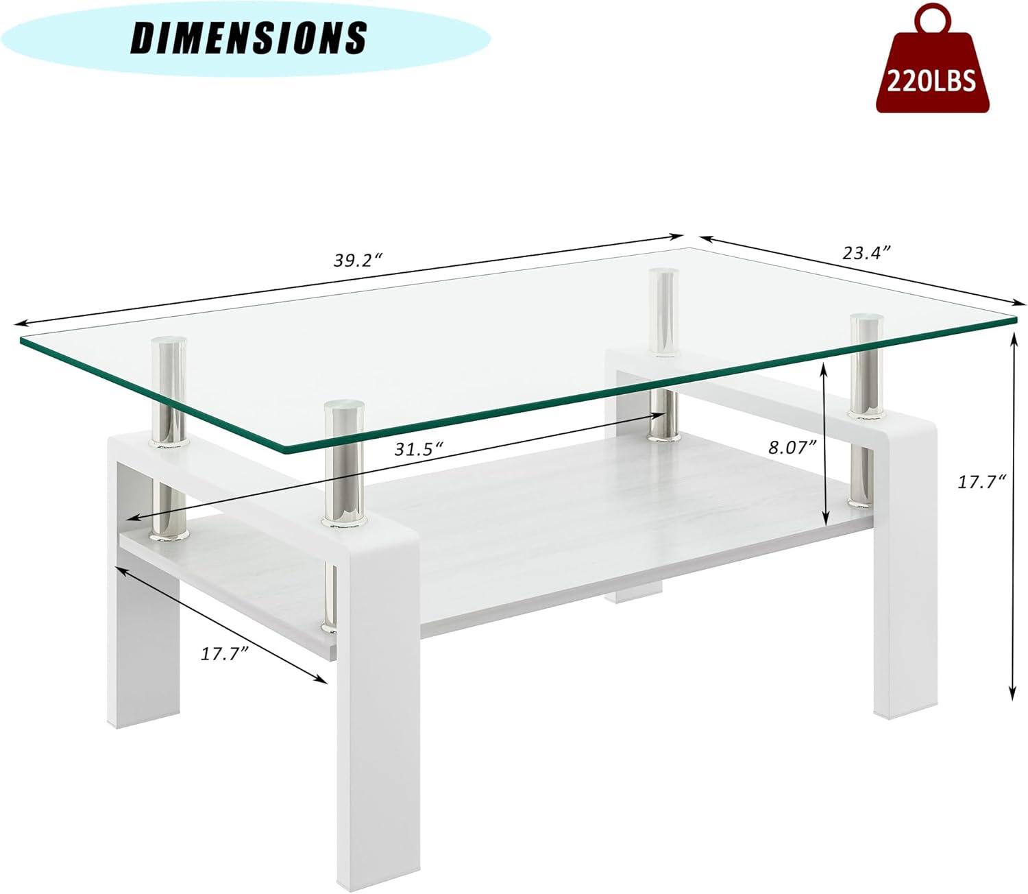 Glass Coffee Table for Living Room, Rectangle Glass Coffee Table with Storage Shelf, Transparent Coffee Tabletop with White Metal Legs for Apartment, Office (Transparent Glass, White)