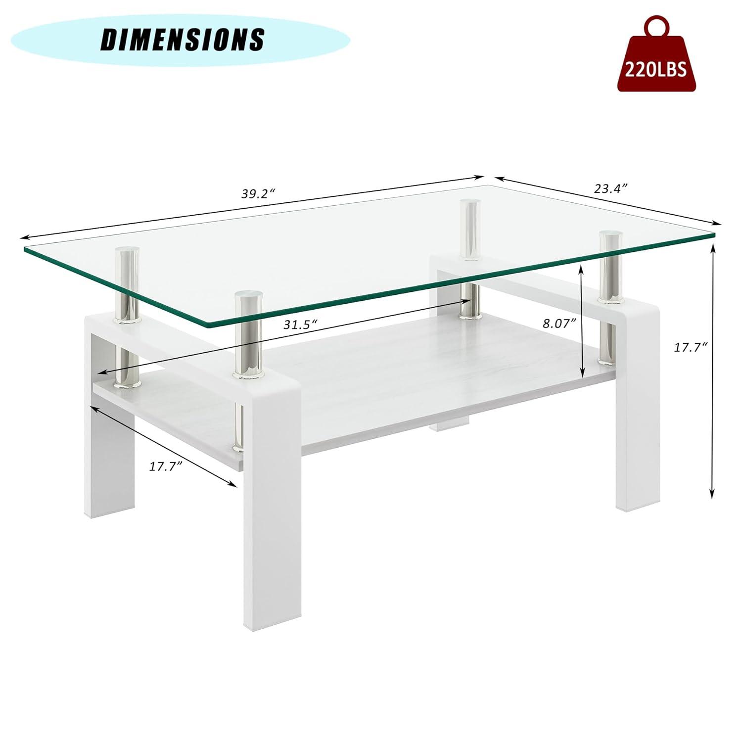 Glass Coffee Table for Living Room, Rectangle Glass Coffee Table with Storage Shelf, Transparent Coffee Tabletop with White Metal Legs for Apartment, Office (Transparent Glass, White)