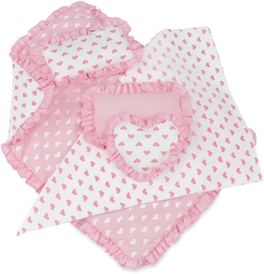 Emily Rose 18-Inch Doll Reverisble Pink Hearts 5-PC Bedding Bundle Set for Toy Beds Bunks Cribs & Cradles | Fits 15" - 18" Doll Bunkbeds - Blanket Pillows Accessories Bed Playset | USA Business