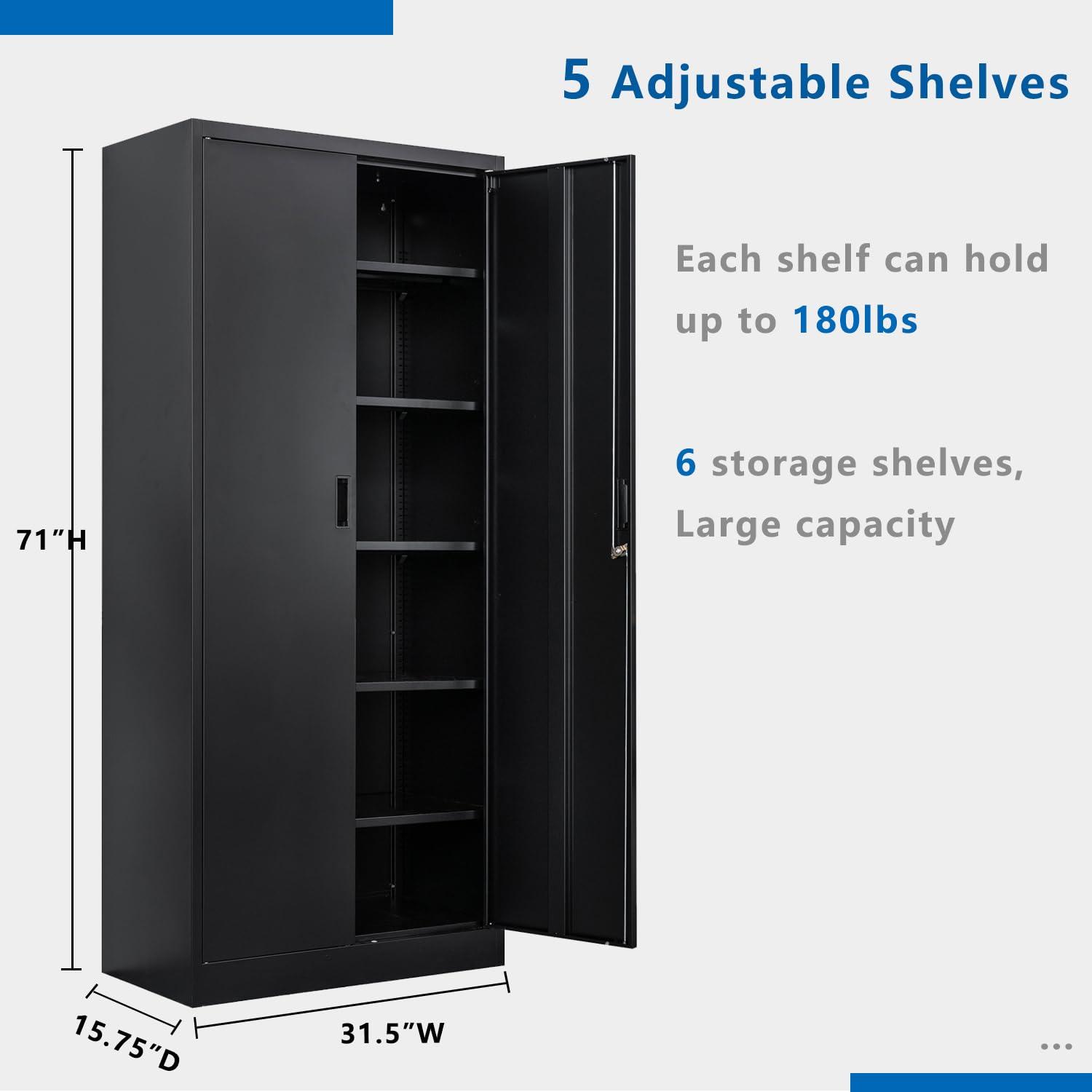 Metal Storage Cabinet, Locking Storage Cabinet with 5 Adjustable Shelves, Metal Cabinets for Garage, Office, Home, Classroom- Black