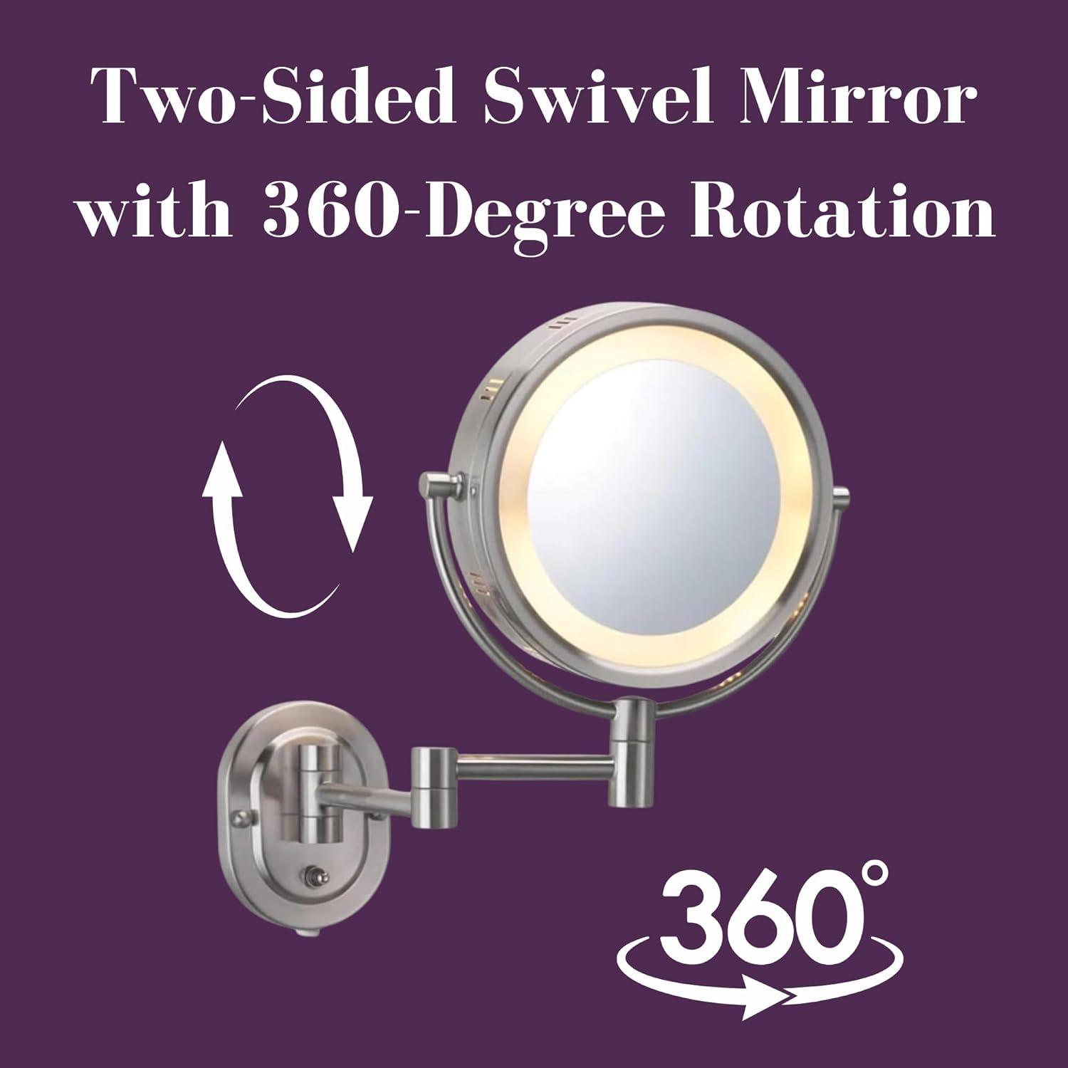 Jerdon 8-inch Two-Sided Lighted Makeup Mirror, 5X-1X Magnification - Plug in - Nickel Finish - Model HL65N