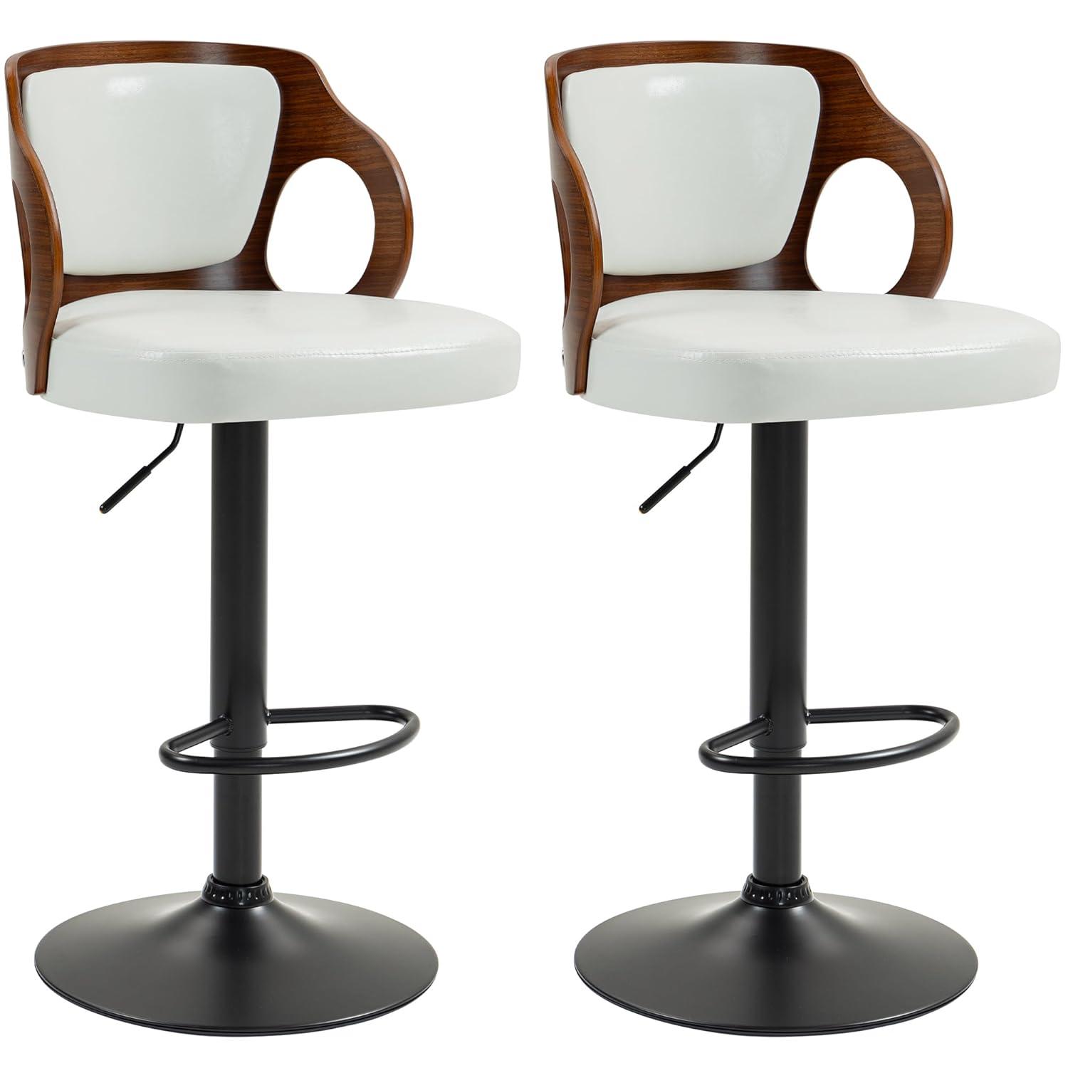 ECOTOUGE Swivel Bar Stools Set of 2, Height Adjustable Bentwood Island Stools, Modern Counter Height Bar Stools, Faux Leather Counter Stools with Back & Footrest, White