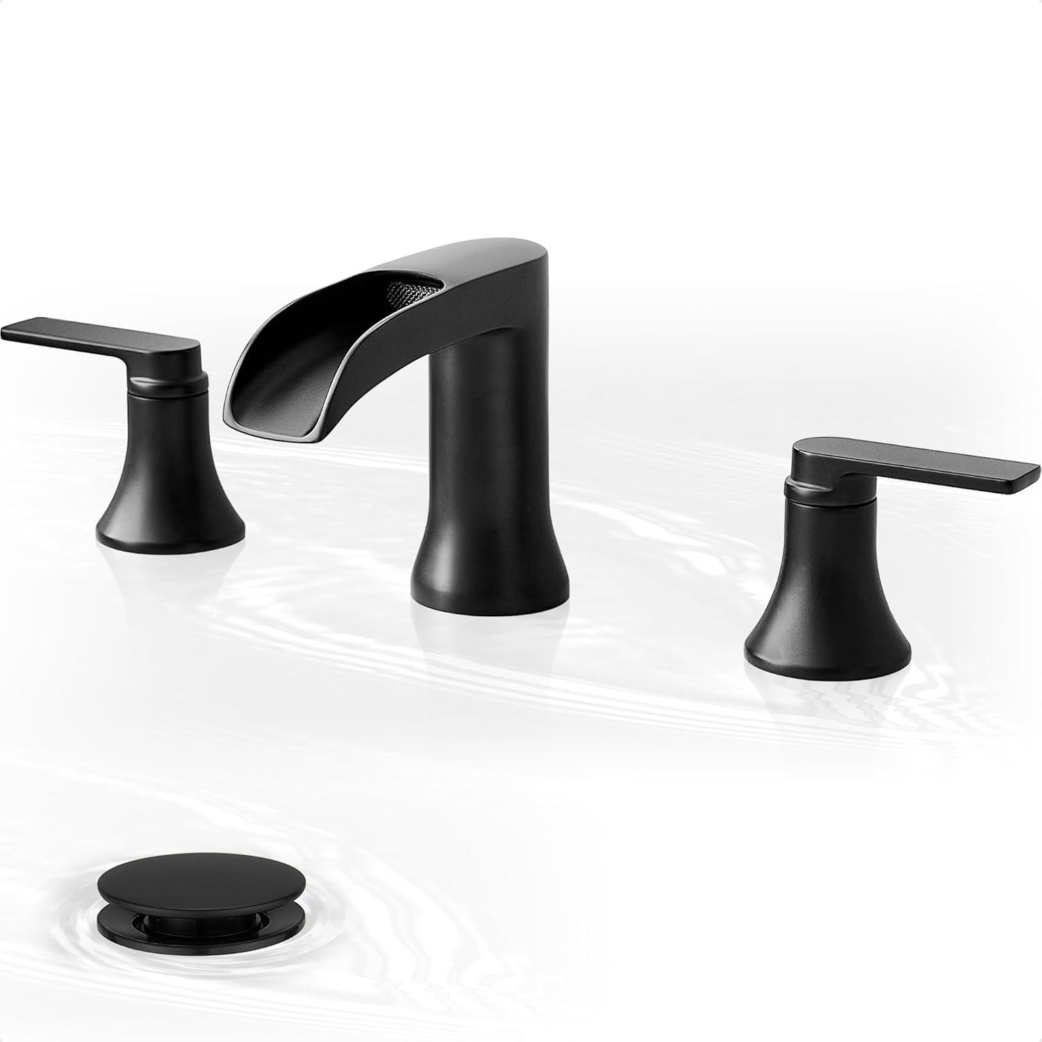 Matte Black Brass 8-Inch Widespread Waterfall Bathroom Faucet