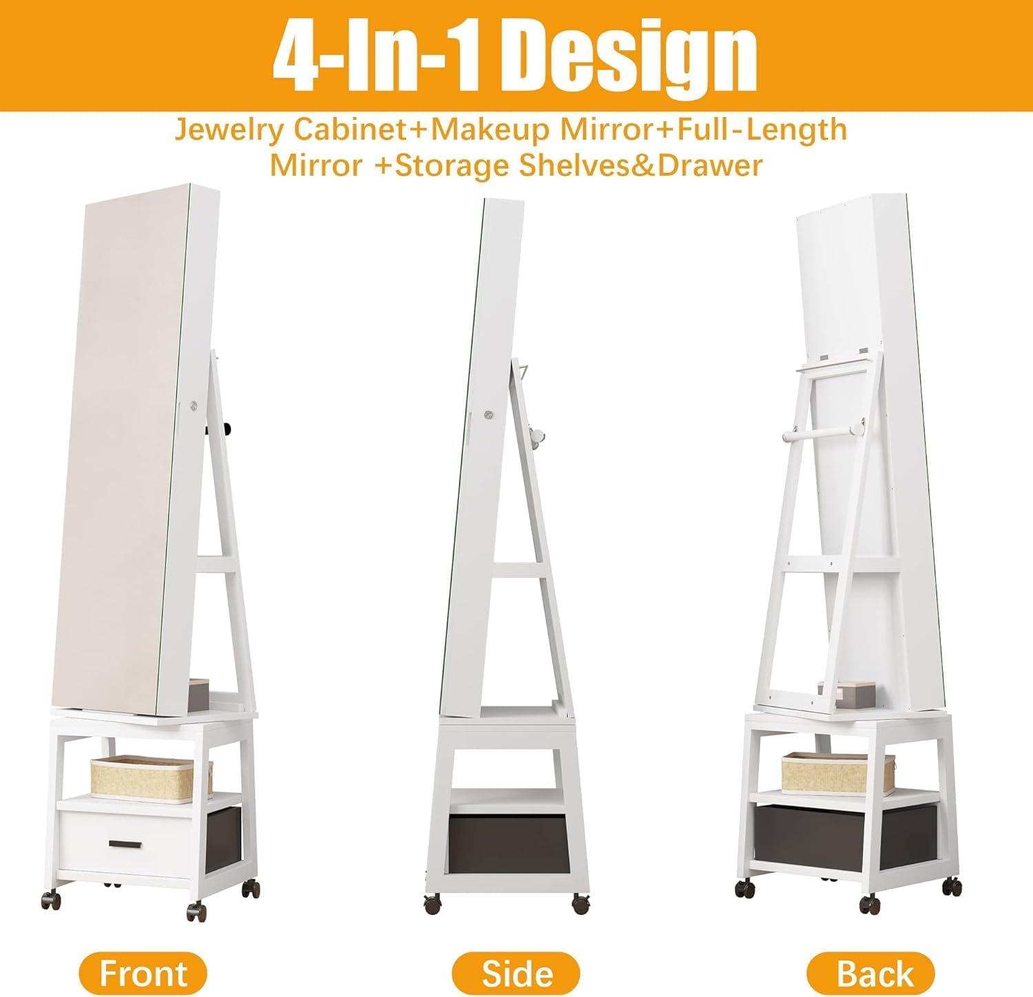 360°Swivel Jewelry Cabinet,Lockable Standing Jewelry Armoire with Mirror, Drawer and Wheels,Floor Dressing Mirror with Hidden Jewelry Storage for Bedroom, Dressing Room Clamshell