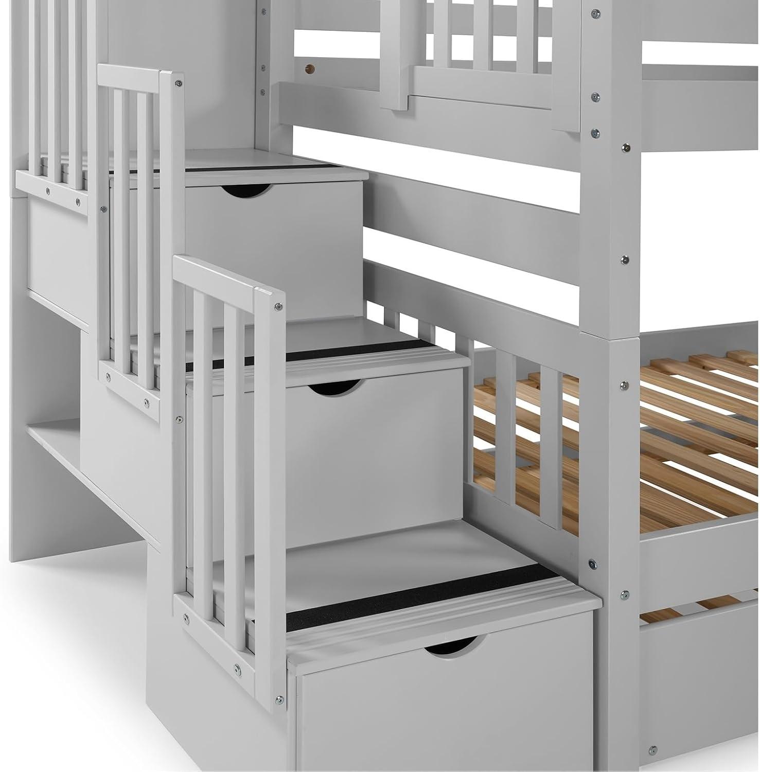 Bedz King Stairway Bunk Beds Twin over Twin with 3 Drawers in the Steps and 2 Under Bed Drawers, Dark Cherry