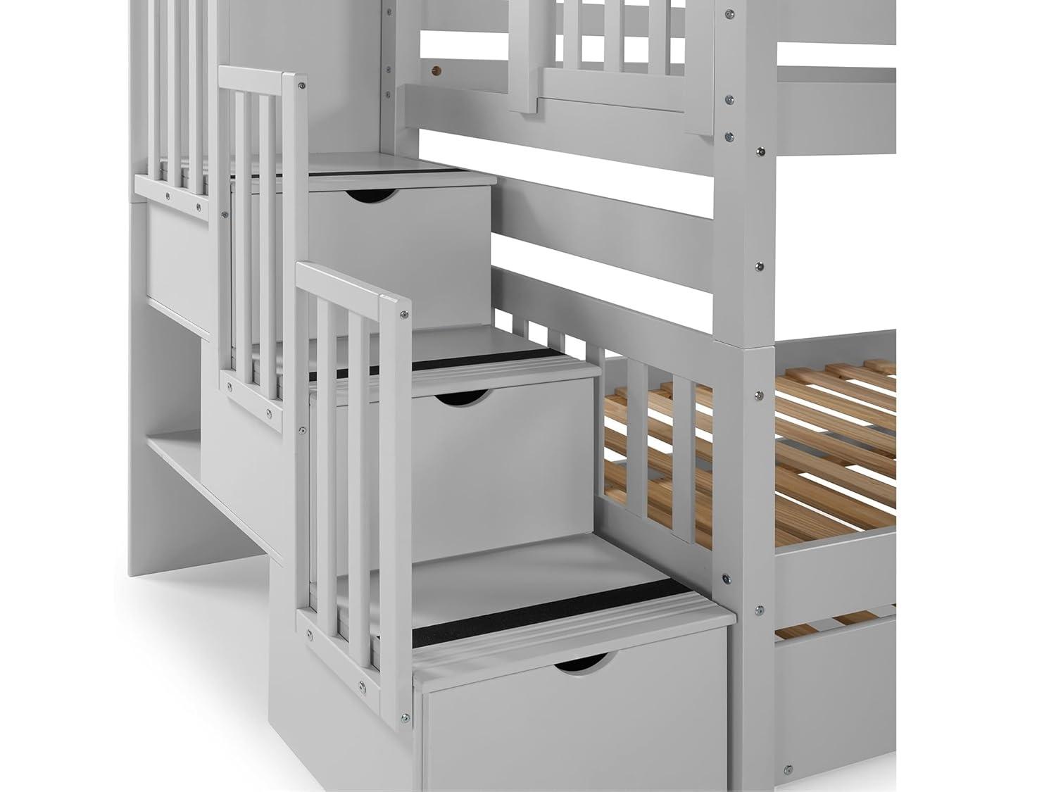 Bedz King Stairway Bunk Beds Twin over Twin with 3 Drawers in the Steps and 2 Under Bed Drawers, Dark Cherry