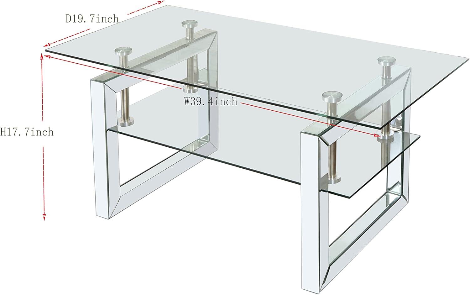 Gzxs Glass Coffee Table with 2 Tier Glass Boards & Sturdy Metal Legs, Mirrored Clear Rectangle Glass Cocktail Tea Table for Home Office, Silver