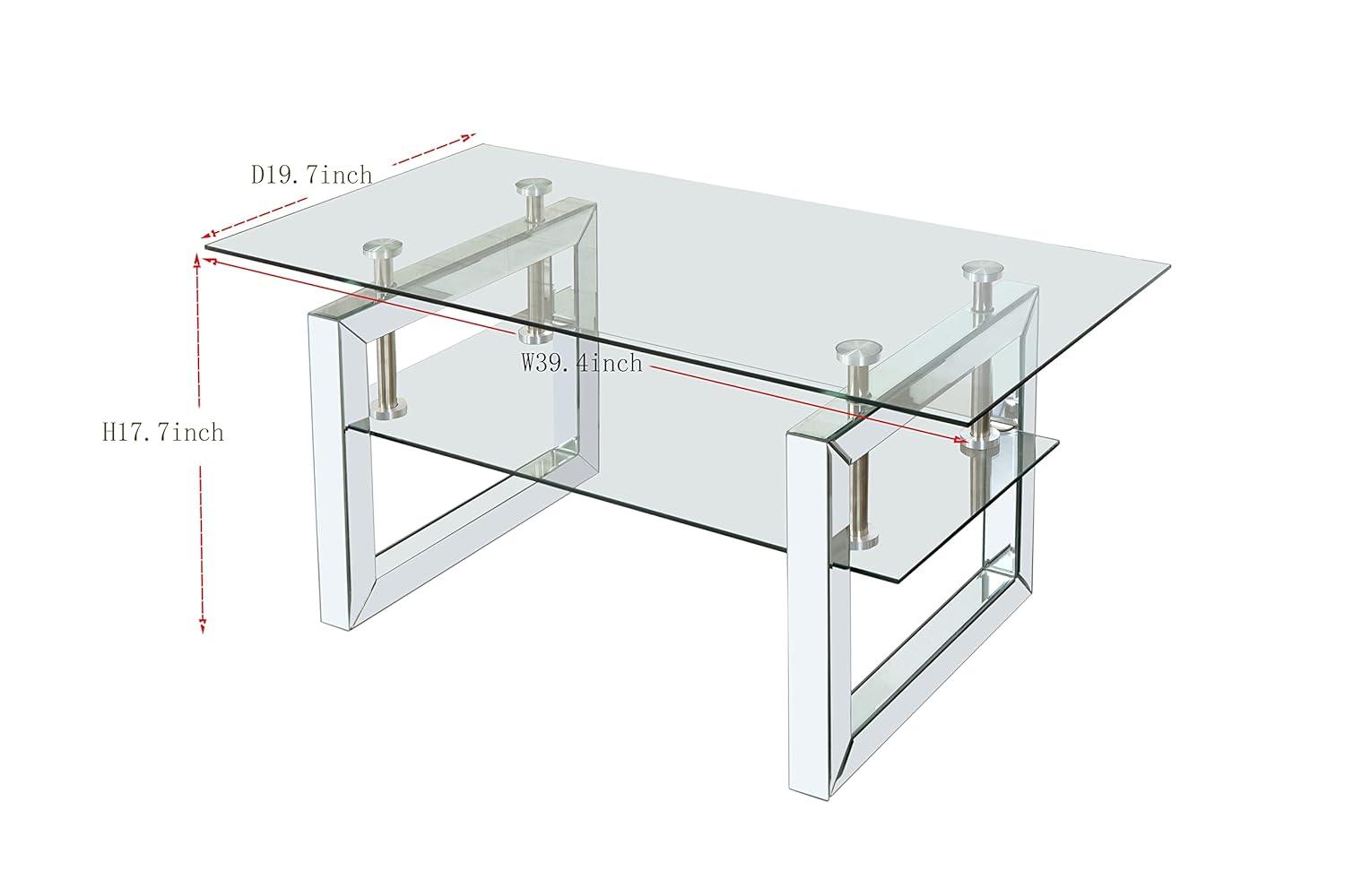 Gzxs Glass Coffee Table with 2 Tier Glass Boards & Sturdy Metal Legs, Mirrored Clear Rectangle Glass Cocktail Tea Table for Home Office, Silver