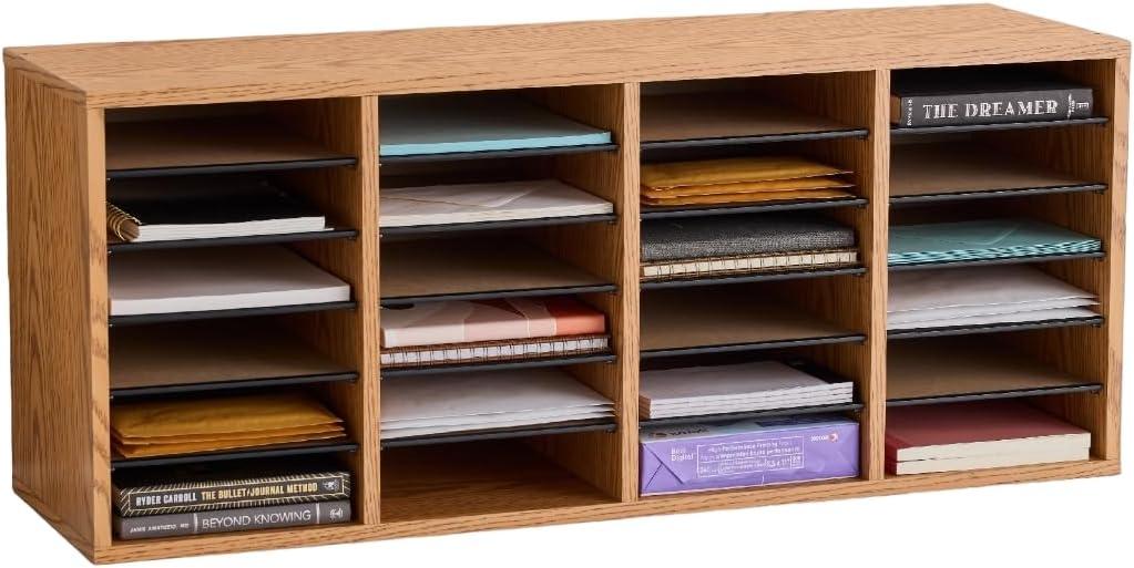 HomeStock Classic Charm Wood Adjustable Literature Organizer, 24 Compartment, Medium Oak, 11.75"D x 39.25"W x 16.25"H.