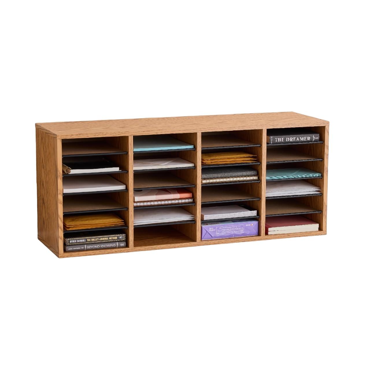 HomeStock Classic Charm Wood Adjustable Literature Organizer, 24 Compartment, Medium Oak, 11.75"D x 39.25"W x 16.25"H.