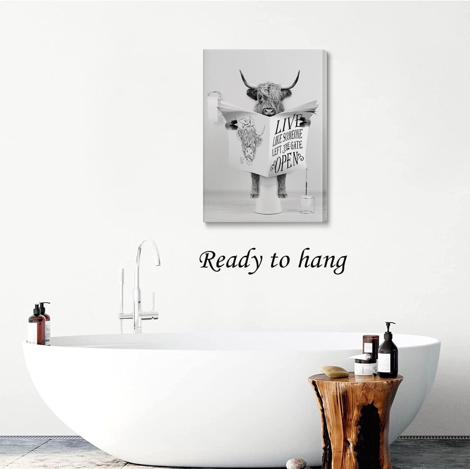 Modern Black Framed Highland Cow Wall Art Minimalist Bathroom Wall Decor Cute Funny Animals Artwork Canvas Prints Ready to Hang for Guest Bathroom, Hotel, Condo, Kids Bathroom, 12”x16”