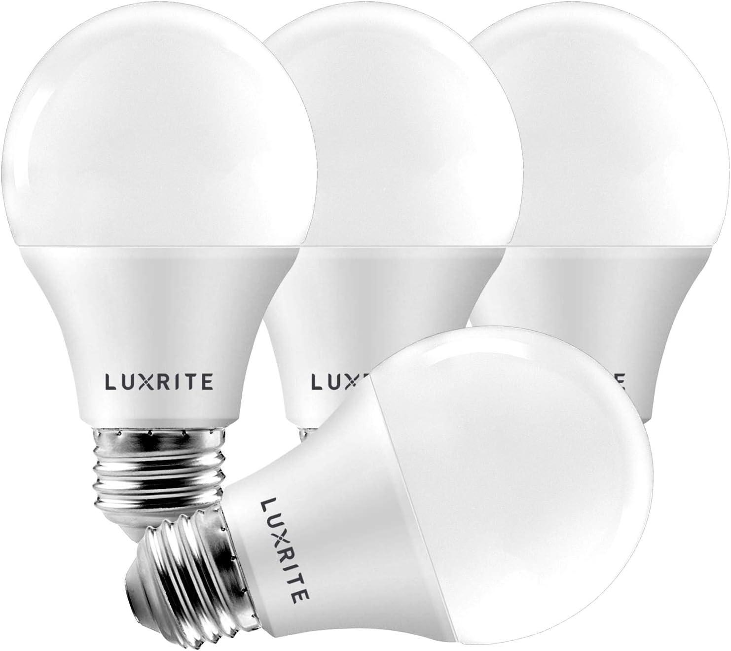 LUXRITE A19 LED Light Bulb 60W Equivalent, 3000K Soft White Dimmable, 800 Lumens, Standard LED Bulb 9W, E26 Base, Energy Star, Enclosed Fixture Rated, Perfect for Lamps and Home Lighting (4 Pack)